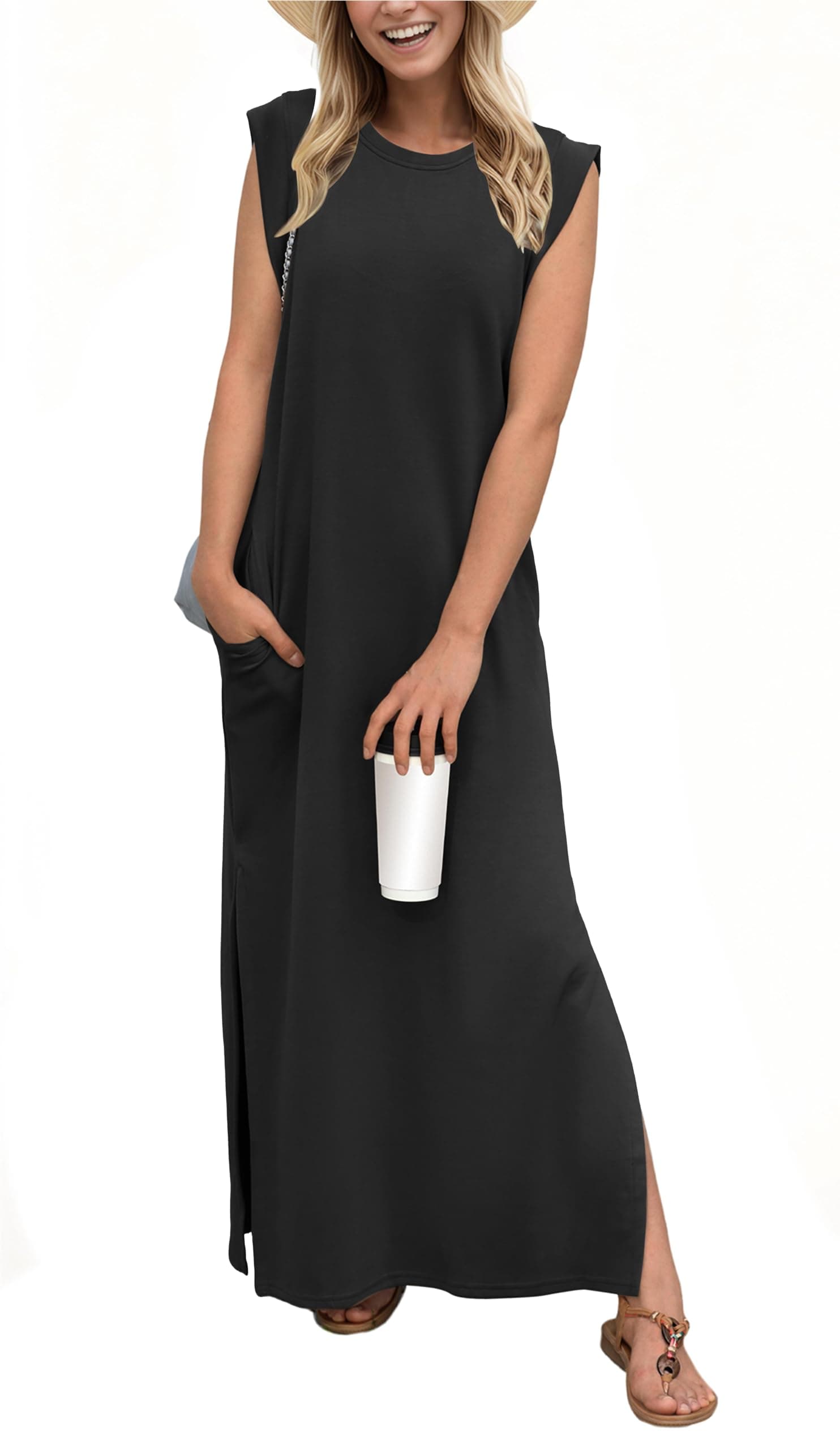 GRECERELLE 2025 Women Year-Round Casual Round Neck Loose Split Wrinkle-Free Long Maxi Vacation Dress with Pockets (XS-3XL) Medium Black