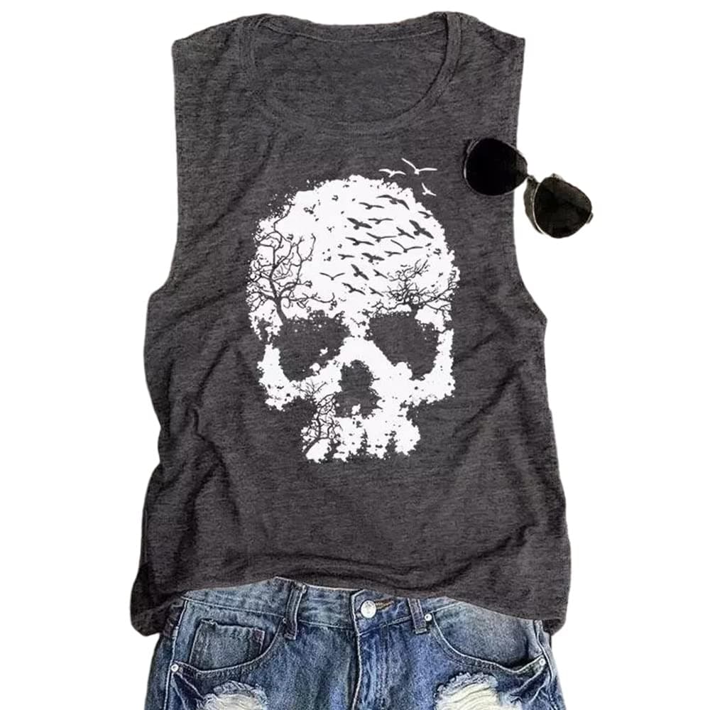 Skull Shirts for Women Funny Gothic Graphic T-Shirts Novelty Horror Tee Casual Athletic Tops Dark Grey 01 Medium