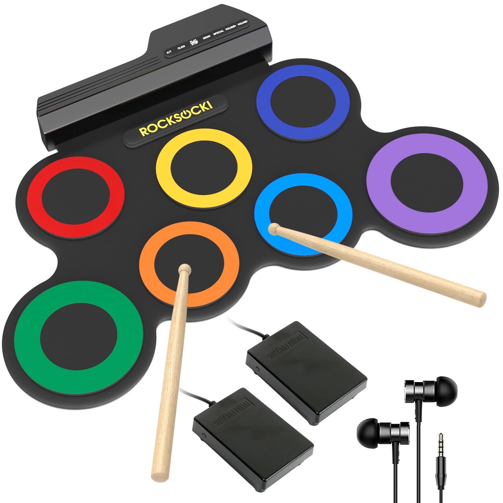 ROCKSOCKI Electric Drum Set, 7-Pad Kids Electronic Drum Set with Headphone Included, Roll-up Drum Practice Pad, Great Holiday Xmas Birthday Gift for Kids 3-8 yrs old