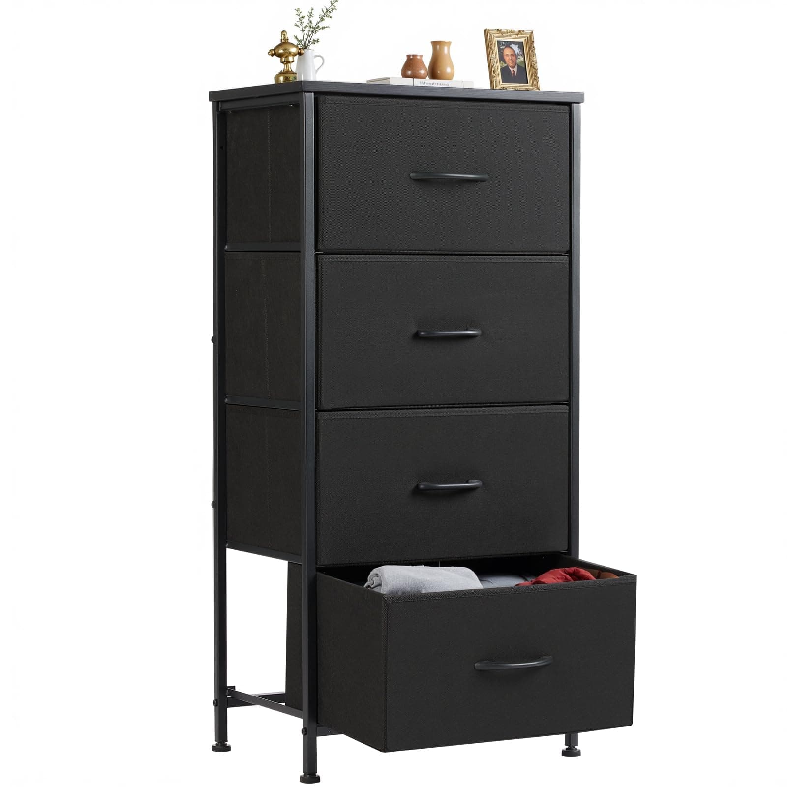 Sweetcrispy Nightstand Small Bedroom Dresser with 4 Fabric Drawers, Bed Side Furniture End Table, Wooden Top Cabinet Night Stand Dresser for Closet, Entryway, Dorm, Black Black 17.7"D x 11.8"W x 37"H (4 Drawers)