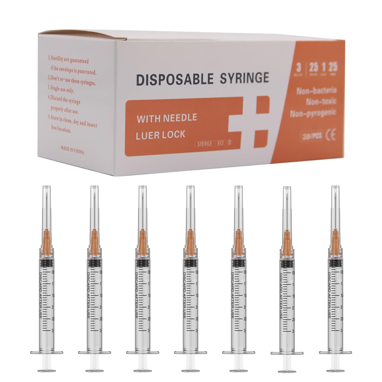 25 Gauge 1 inch Needle with Syringe(30 Pack) , 3ml Luer Lock Disposable Syringes with Needle ,Individually Wrapped 3ml 25G /1inch