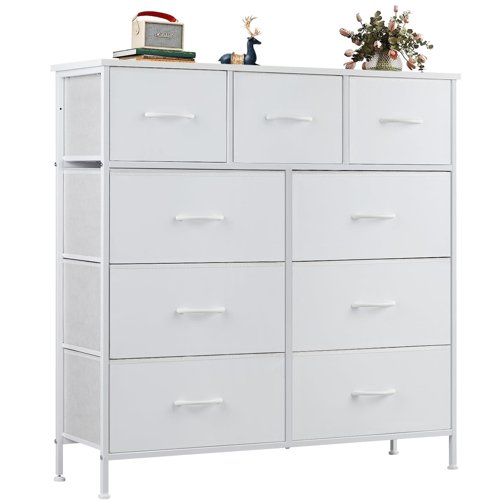 OLIXIS Dresser for Bedroom, 9 Storage Drawers, Wide Fabric Closet Chests Organizer Tower Furniture, TV Stand with Wooden Top Metal Frame for Clothes, Living Room, Hallway, Entryway, Classic White White 11.8"D x 39.4"W x 40"H (9 Drawers)