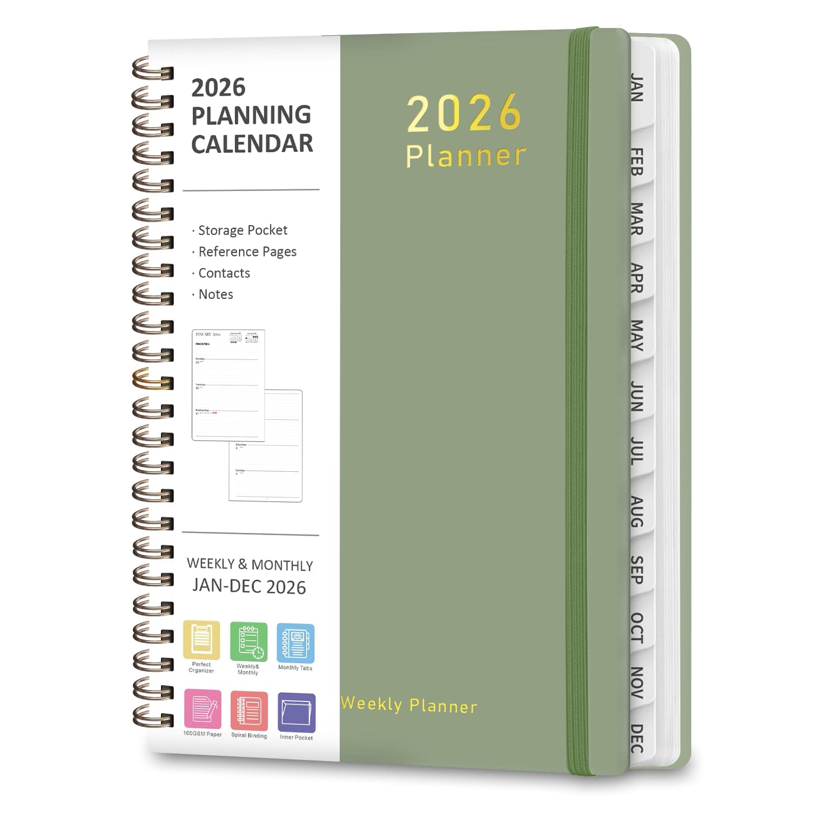 2026 Planner, Weekly and Monthly Calendar Academic Planner, Jan 2026 - Dec 2026, Planning Agenda Book for Desk Accessories and School Supplies - A5 (6.3'' x 8.5'') Green 6.3"x8.5"(Jan 2026-Dec 2026)