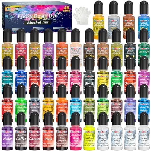 FansArriche Alcohol Ink Set - 48 Vivid Colors, Concentrated Alcohol-Based Ink, Epoxy Resin Paint with Metallic Color Dye for Resin Coasters, Acrylic Painting, Tumbler Making,10 ml Each