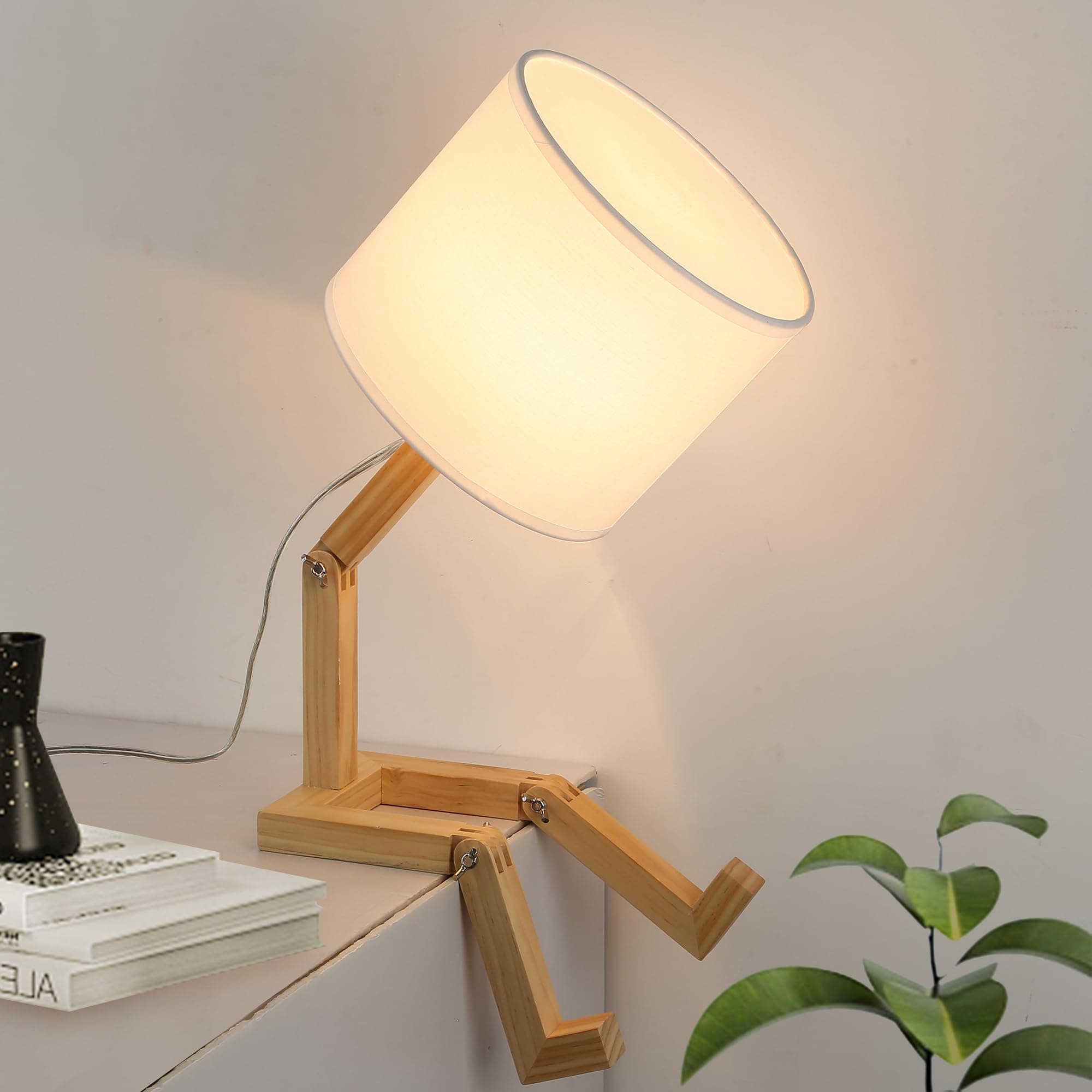 SUNLLOK Bedside Cute Table Lamp with Wood Changeable Base, Vintage White Farbic Lampshade Nightstand Lamp, Industrial Small Reading Desk Light Decor for Living Room, Kids Room, Ktichen Island