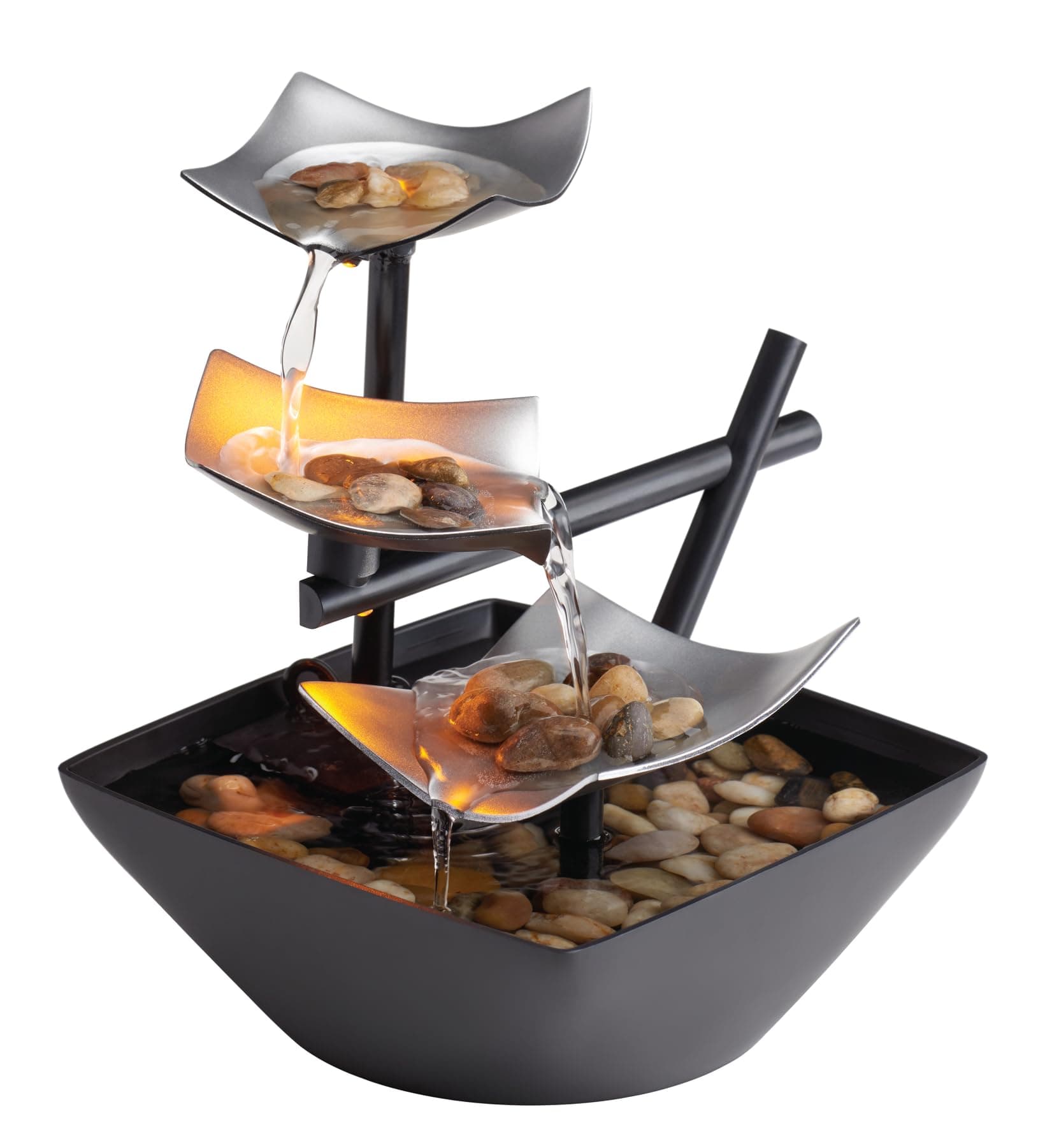 Homedics Tabletop Water Fountain, Home Décor Soothing Sound Machine - Automatic Pump, Deep Basin & Natural River Rocks. Indoor Zen Relaxation for Office, Living Room, or Bedroom, 8.25” Tall Silver Springs