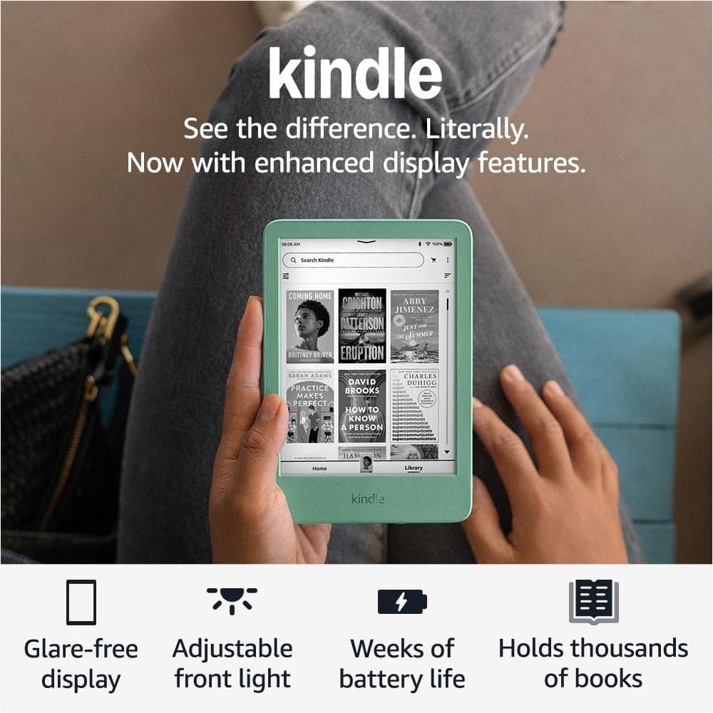 Like-New Amazon Kindle (16 GB) - Lightest and most compact Kindle, with glare-free display, faster page turns, adjustable front light, and long battery life - Matcha Matcha Without Kindle Unlimited Lockscreen Ad-Supported