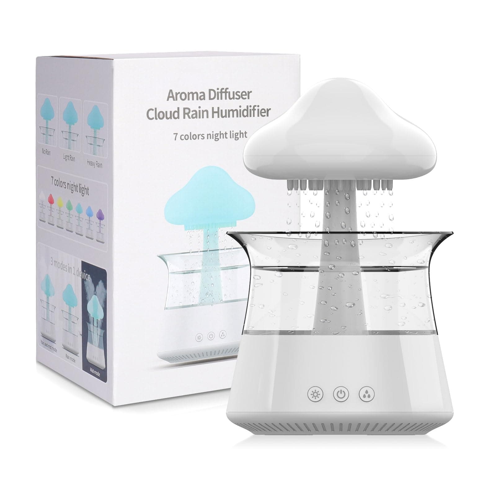 Cloud Rain Humidifier for bedroom with Soothing Rain Sounds - Bedroom Sleep Aid, Waterfall Night Light, Mushroom Design Air Moisturizer for bedroom and living room (White) Regular