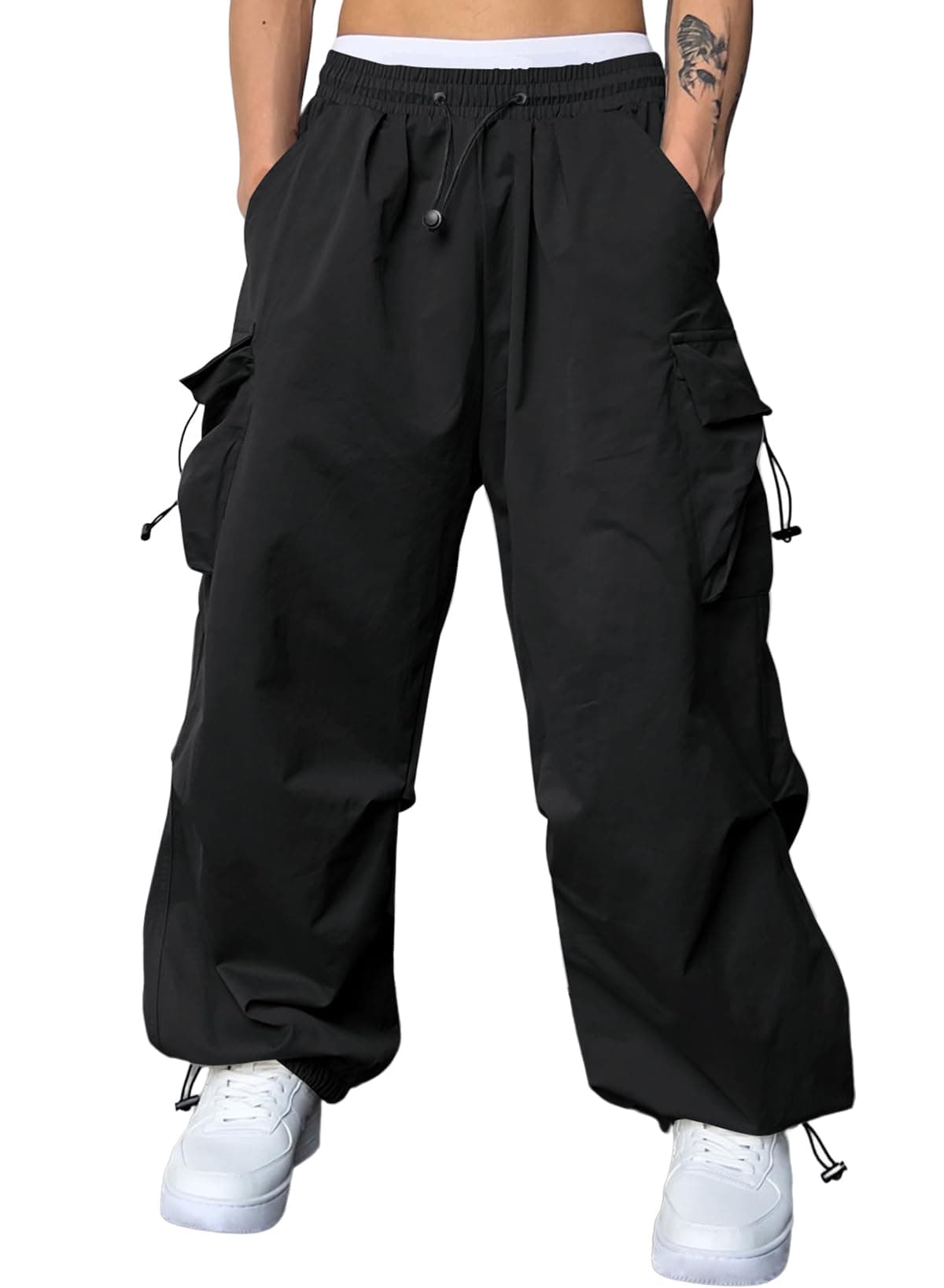 JMIERR Men's Baggy Cargo Pants Trendy Casual Parachute Pant Loose Fit Harem Joggers with Pockets for Streetwear X-Large A1 Black