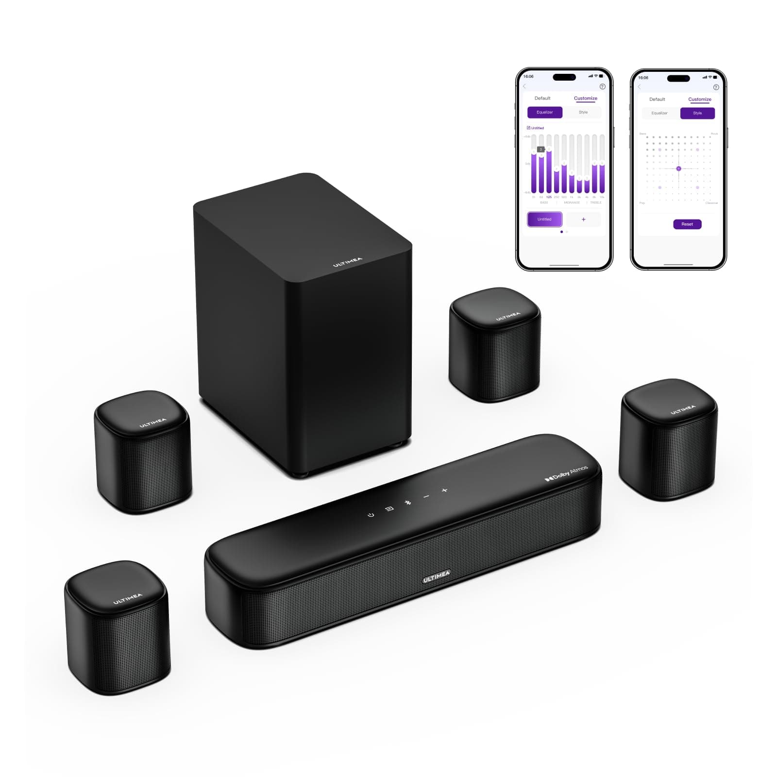 ULTIMEA 7.1ch Sound Bar with Dolby Atmos, Surround Sound System for TV with 4 Surround Speakers, Sound Bar for Smart TV with App Control, Soundbar with Subwoofer for Home Theater, HDMI eARC, Aura A60 U2621