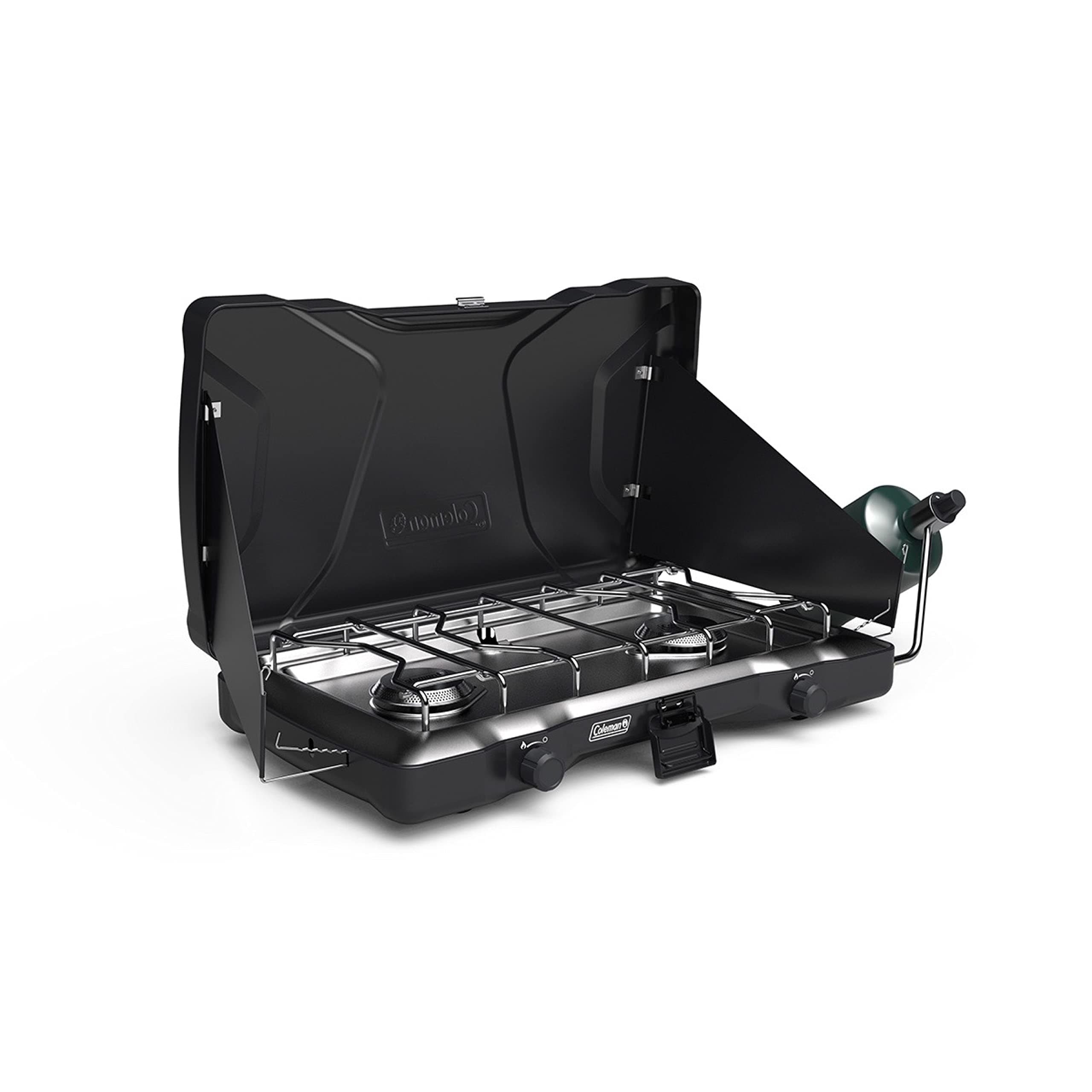 Coleman Triton 2-Burner Propane Stove, Portable Camping Cooktop with 2 Adjustable Burners & Wind Guards, 22,000 BTUs of Power for Camping, Tailgating, Grilling, BBQ, & More Matte Black