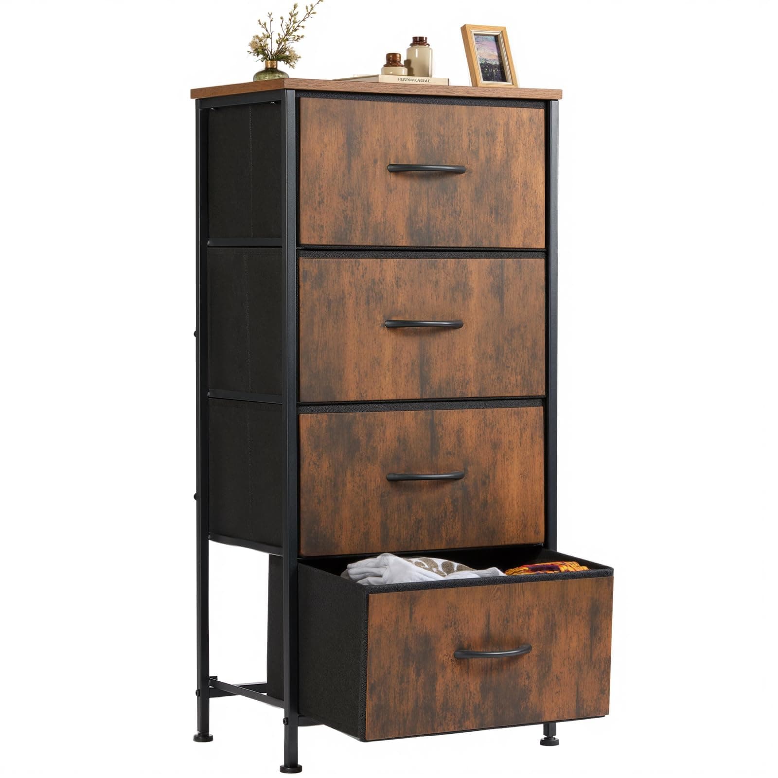 Sweetcrispy 4 Drawer Dresser, Fabric Storage Tower Organizer with Sturdy Steel Frame and Wood Top, Easy Pull Handles, for Bedroom, Closet, Entryway, Hallway, Brown Brown 17.7"D x 11.8"W x 37"H (4 Drawers)