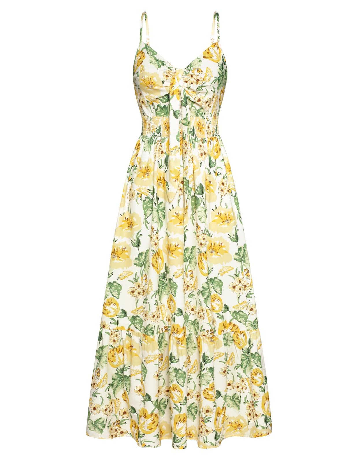 GRACE KARIN Women's 2025 Summer Maxi Dress Floral Tie Front Spaghetti Strap Casual Boho Beach Flowy Sundress with Pockets Large White Yellow Flowers