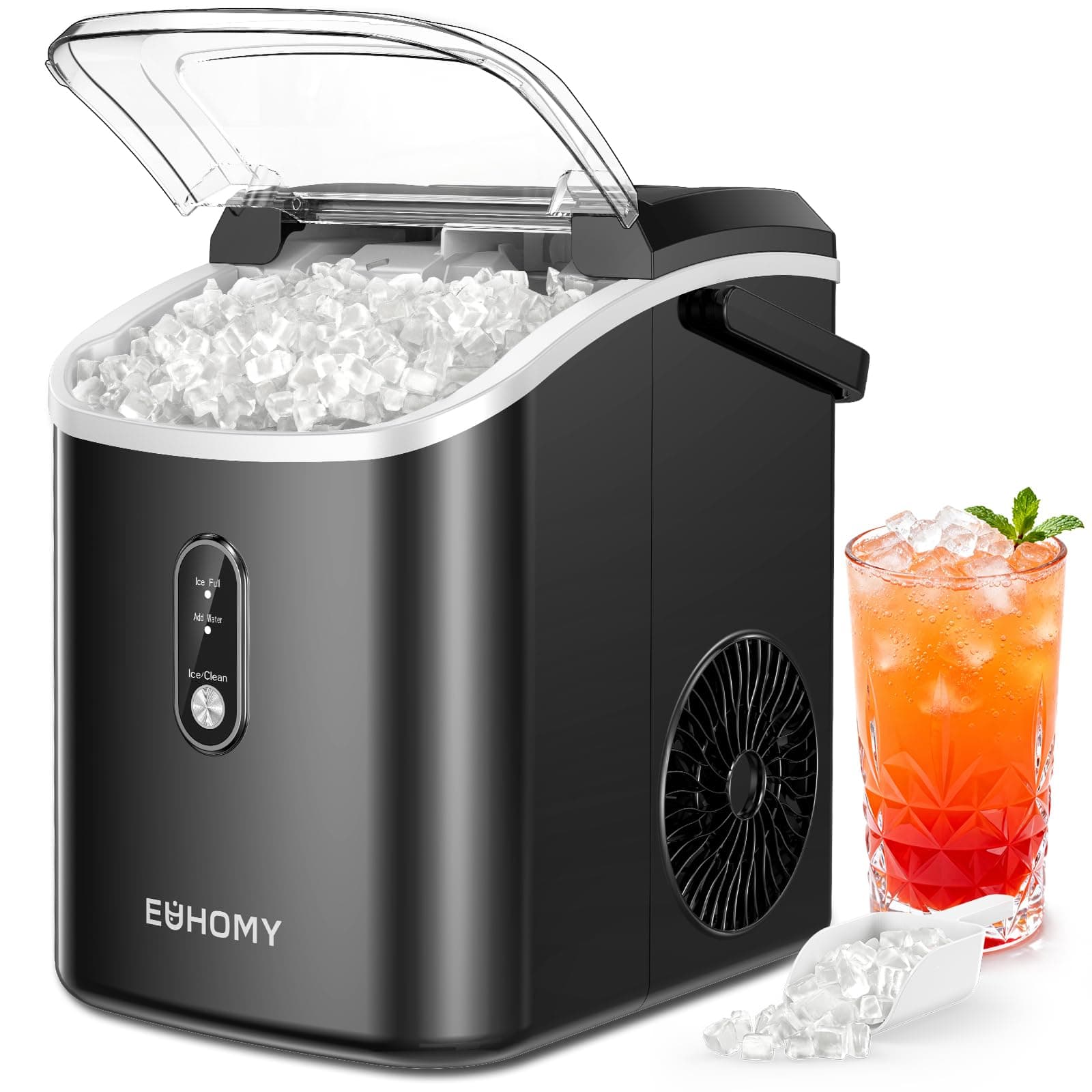 EUHOMY Nugget Ice Maker Countertop with Handle, Ready in 6 Mins, 35lbs Per Day, Removable Top Cover, Auto-Cleaning, Portable Sonic Ice Maker with Basket and Scoop, for Home/Party/RV/Camping