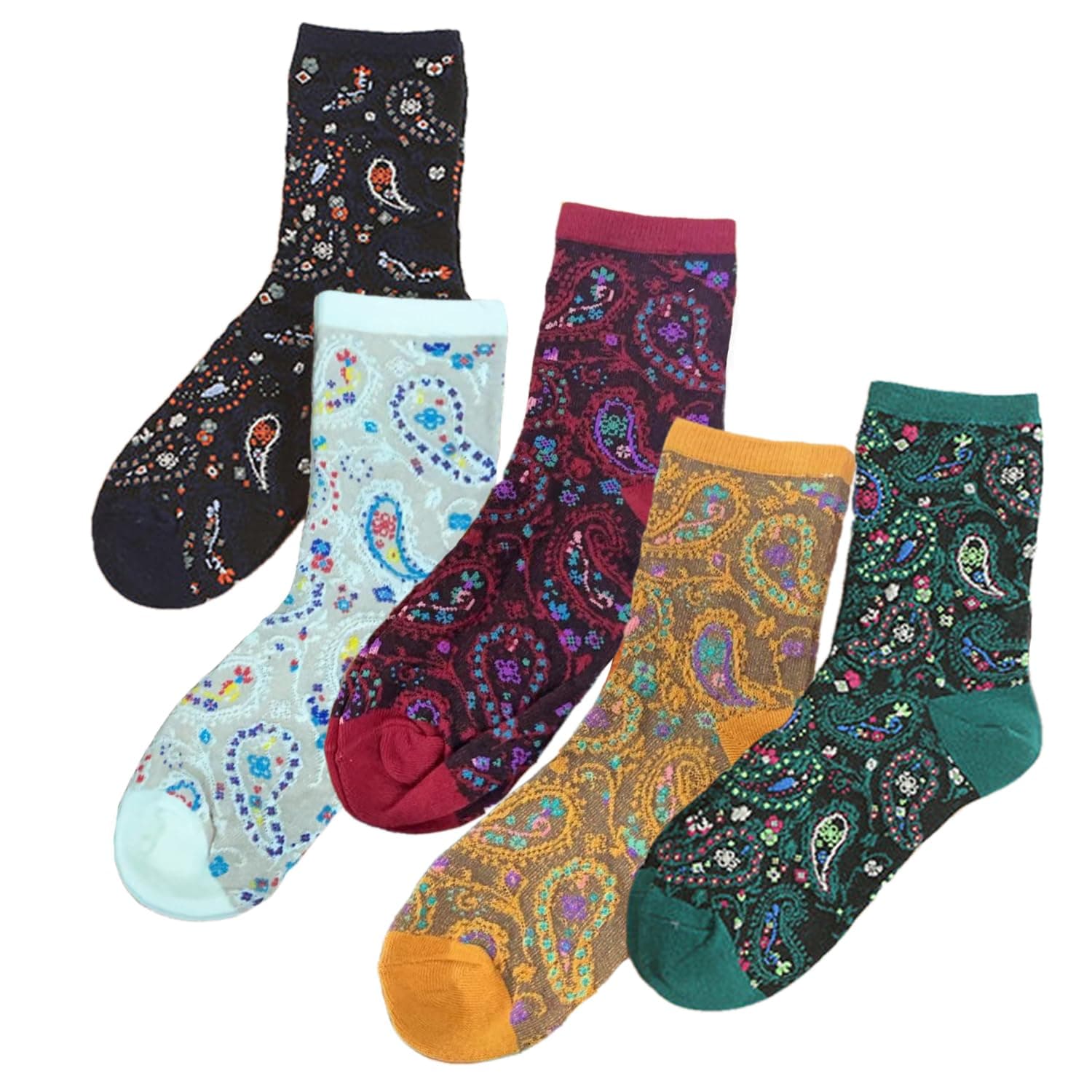 Benefeet Sox Cute Patterned Crew Socks for Women Girls Fun Novelty Graphic Design Casual Cotton Dress Socks One Size 5 Pair-paisley
