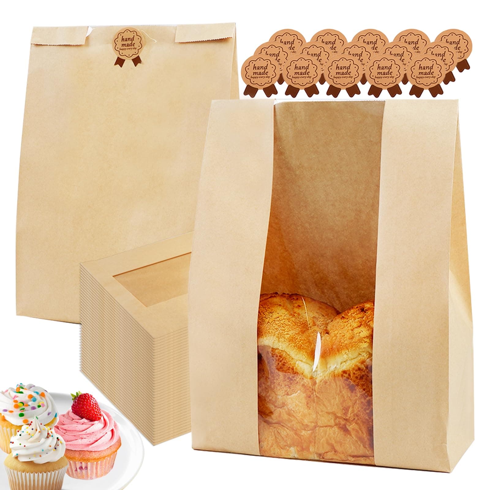 100 Pack Large 14x8.3x3.5in Bread Bags for Homemade Bread, Kraft Paper Bakery Bags with Clear Window & Tin Tie Lock, Thicker Cookie & Snack Storage Bags, Includes 100 Sealing Stickers
