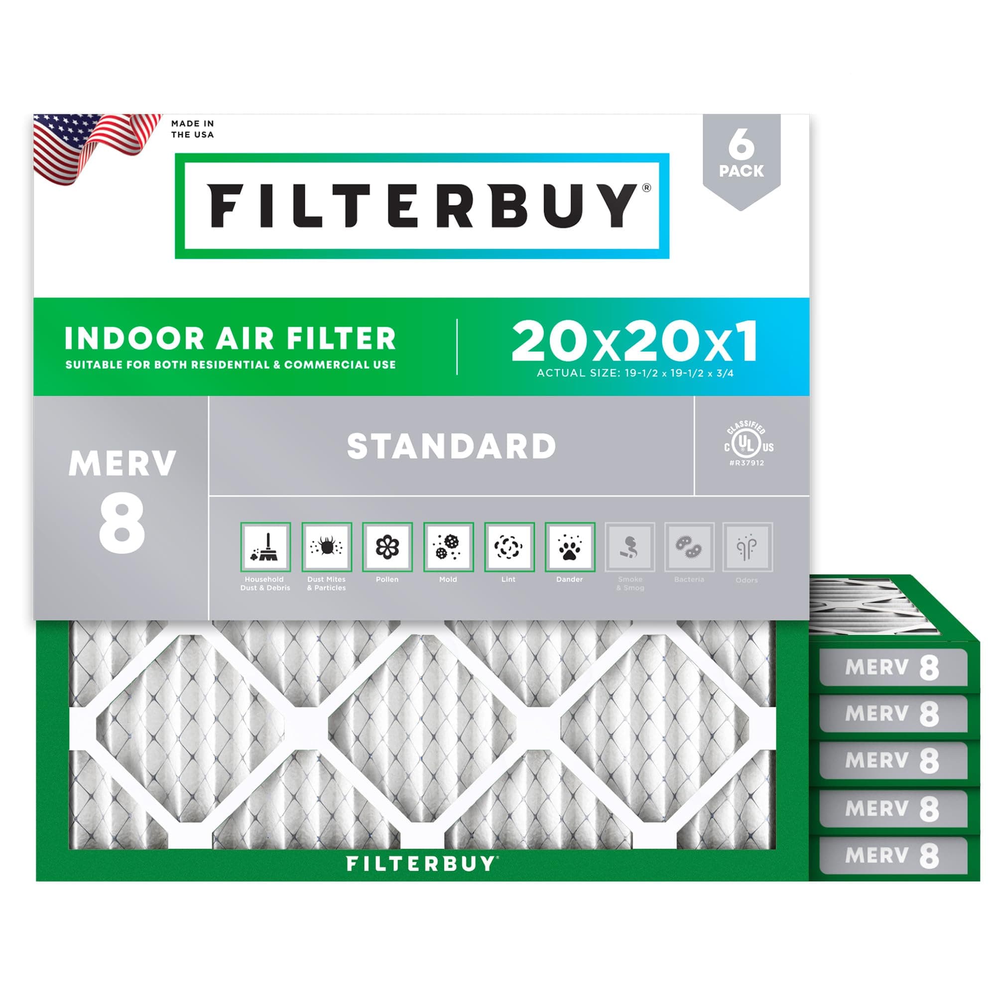 Filterbuy 20x20x1 Air Filter MERV 8 Essential Dust & Allergy Defense (6-Pack), Electrostatic Pleated HVAC AC Furnace Filters Replacement, Made in USA (Actual Size: 19.50 x 19.50 x 0.75)