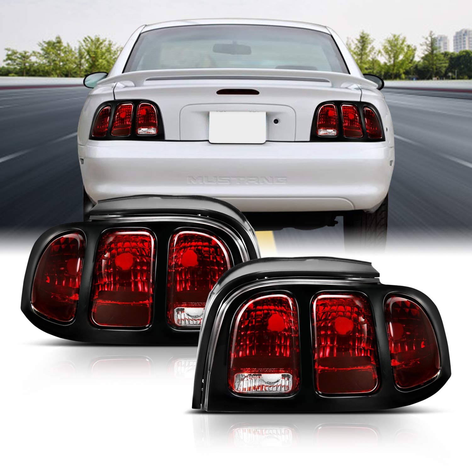 AmeriLite for 1994-1998 Ford Mustang Black Housing Dark Red OE Style Replacement Brake Tail Lights Set - Passenger and Driver Side Smoke+Black