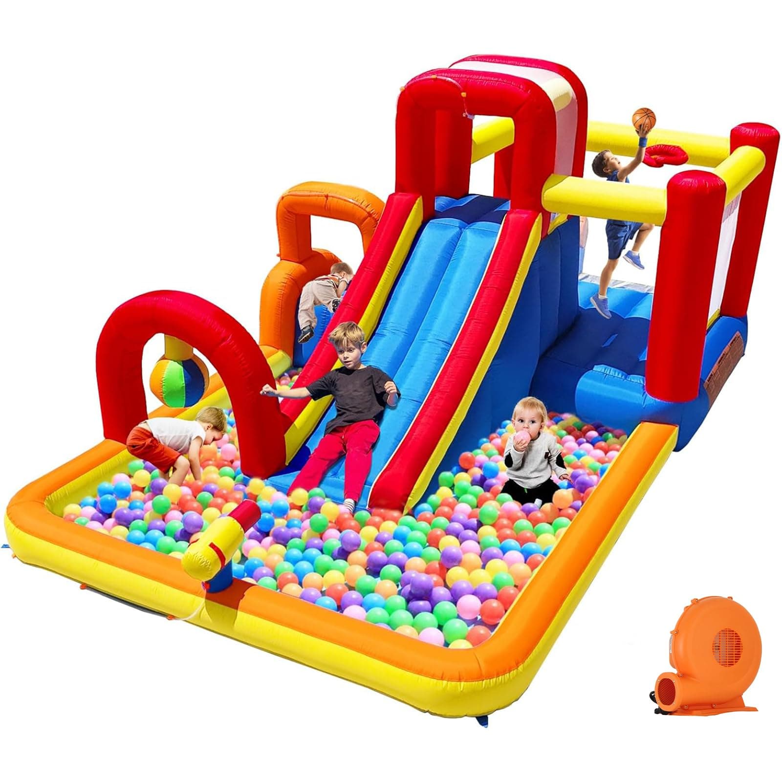 Inflatable Bounce House Obstacle Course with Wet or Dry Slide, Ball Pool, Climbing Wall, Boxing Ball, Small Climb&Slide – Backyard & Indoor Bouncy Castle for Kids 3-8