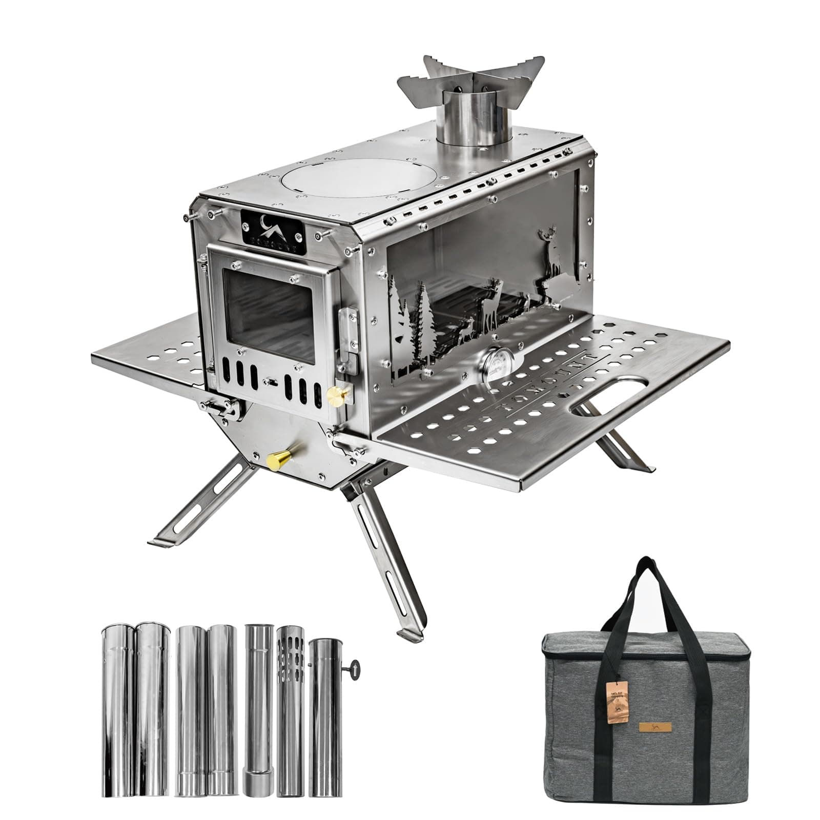 TOMOUNT Hot Tent Stove,Wood Stove with 7 Chimney Pipes,304 Stainless Camping Tent Stove with Spark Damper, Wood Burning Stove for Cooking and Heating,with heat-resistant Glass Window stainless steel color