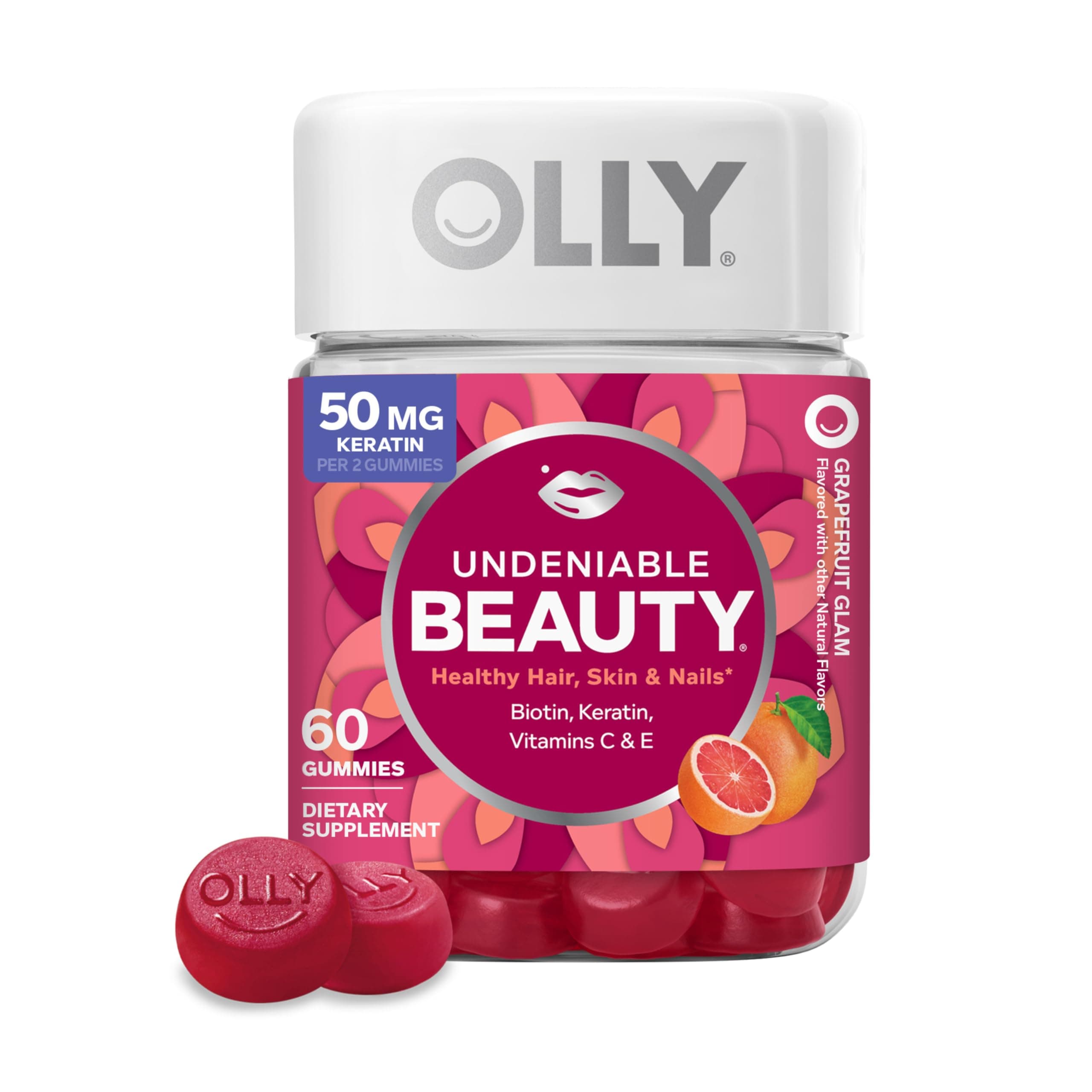 OLLY Undeniable Beauty Gummy, For Hair, Skin, Nails, Biotin, Vitamin C, Keratin, Chewable Supplement, Grapefruit, 30 Day Supply - 60 Count 60 Count (Pack of 1)