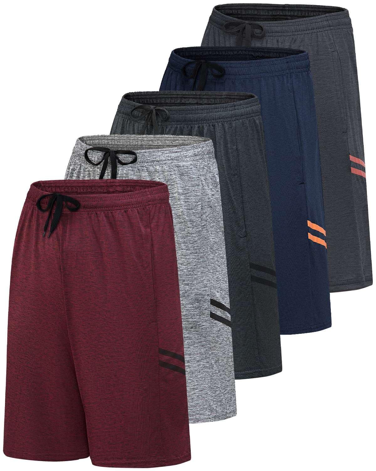 Real Essentials Men’s 5 Pack: 9" Dry-Fit Shorts – Athletic Gym, Workout, Basketball, Running, Casual Lounge Active Pockets Large Set F