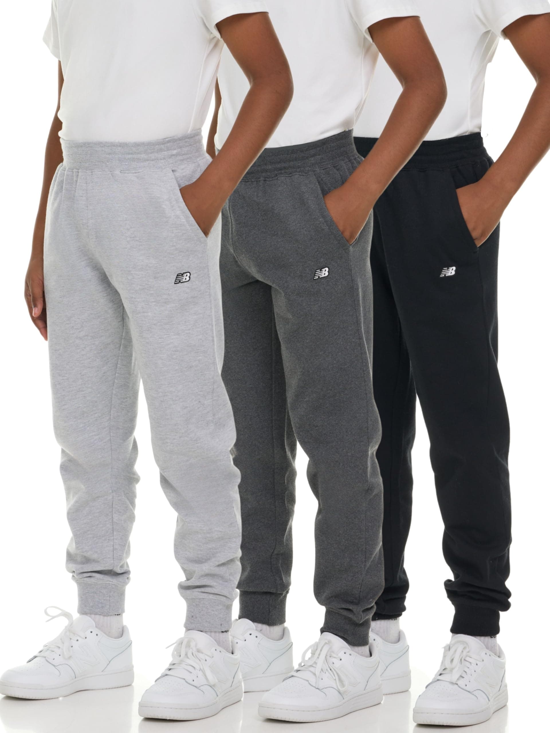 New Balance Boys Fleece Jogger 3 Pack – Kids Soft Cotton Blend Fleece Sweatpants with Pockets, Athletic Fit, Sizes 4-20 Black/Grey/Charc 14-16