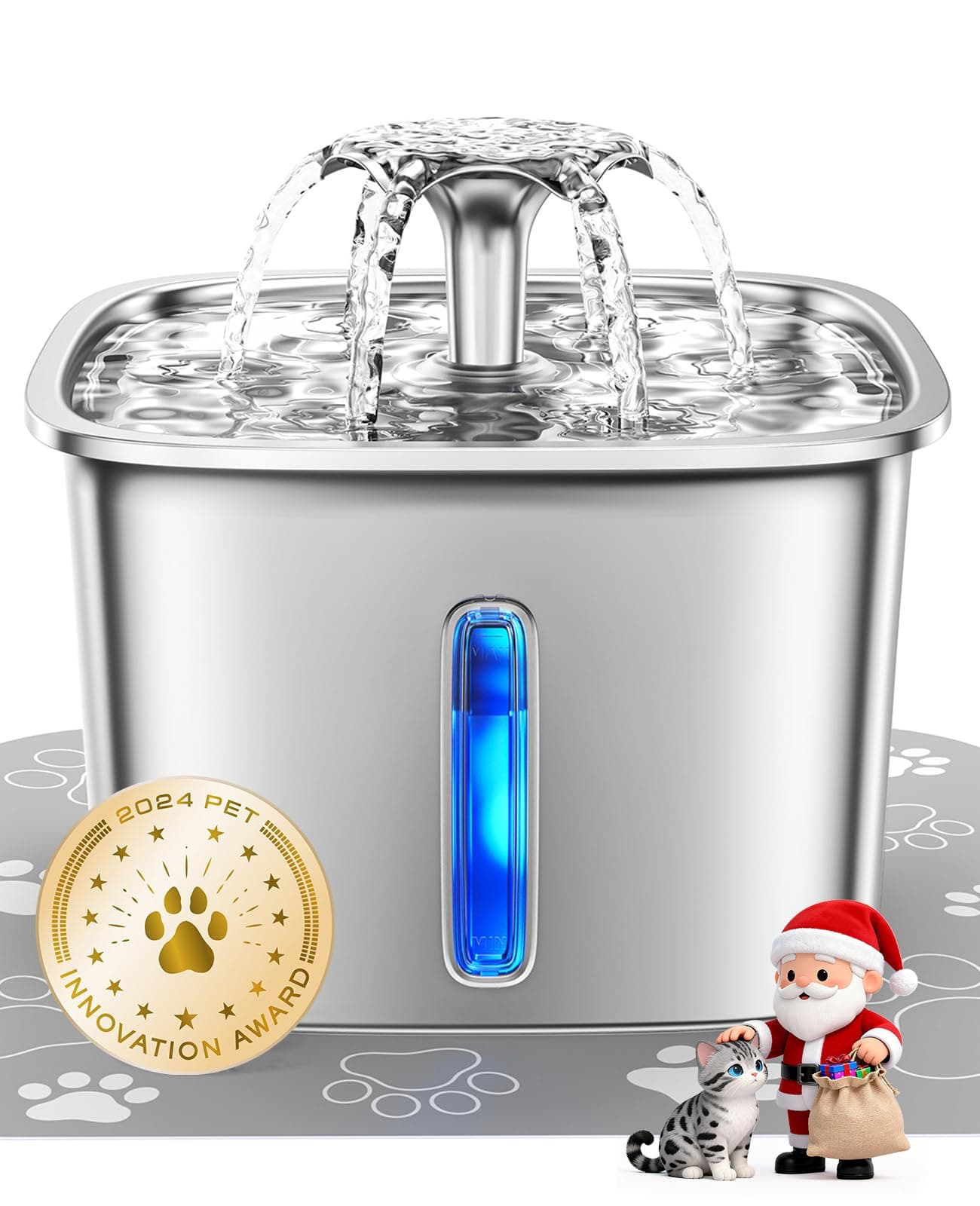 Veken Innovation Award Winner Stainless Steel Cat Water Fountain, 95oz/2.8L Automatic Pet Fountain Dog Water Dispenser with Replacement Filters & Silicone Mat, Gifts for Christmas, Cats, Dogs (Silver) Silver+2 Filters+2 Sponges 95oz