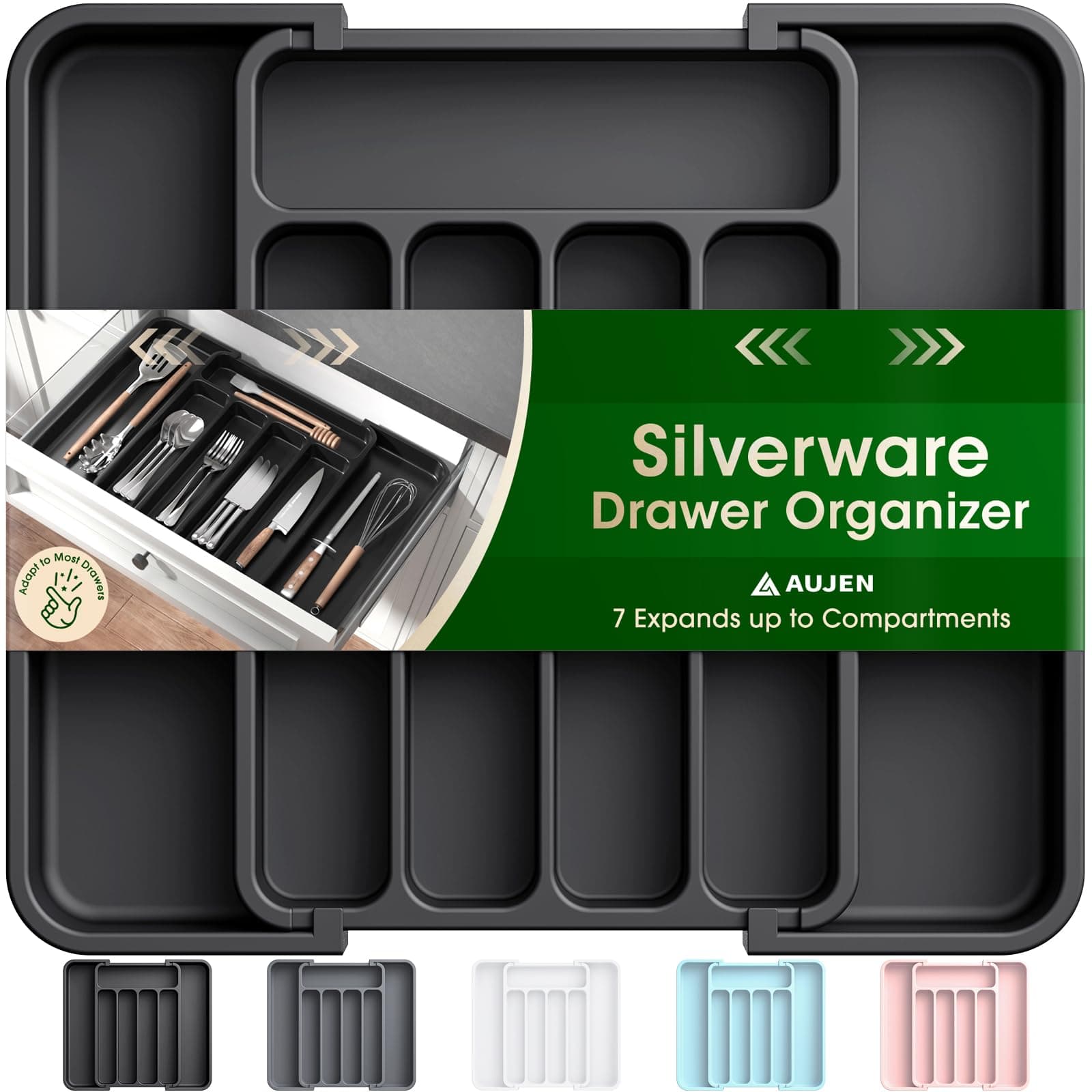 Aujen Silverware Organizer - Expandable Kitchen Drawer Organizer, Adjustable Utensil Organizer, Cutlery Tray for Forks, Knives, Multipurpose Kitchen Organizers and Storage Solution, Black, Medium Medium Black