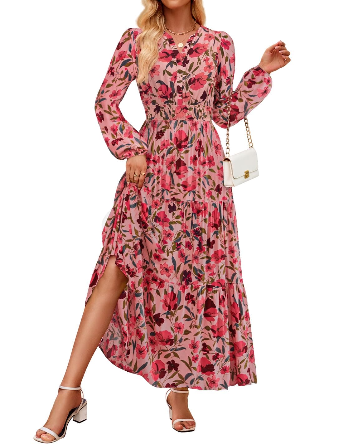 ZESICA Women's 2025 Fall Long Sleeve Maxi Dress Floral Print V Neck Empire Waist A Line Tiered Flowy Boho Party Dresses Vintagepink Medium