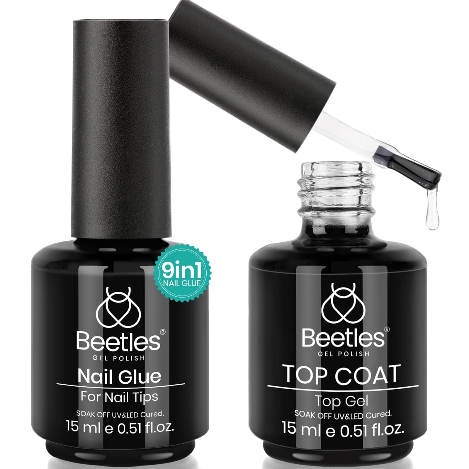 Beetles Gel Nail Glue and No Wipe Top Coat Kit, 2Pcs 15ml 9 In 1 UV Nail Glue for Acrylic Nail Tips Clear Press On Nails, Easy Nail Extension Gel, Soak Off LED Shine Finish DIY Home Manicure 0-Nail Glue and Top Coat
