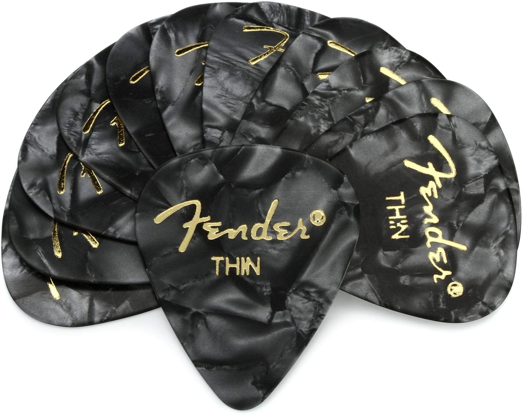 Fender Premium Celluloid Guitar Picks 351 Shape, Black Moto, Thin, 12-Pack Thin 12-Pack Black Moto