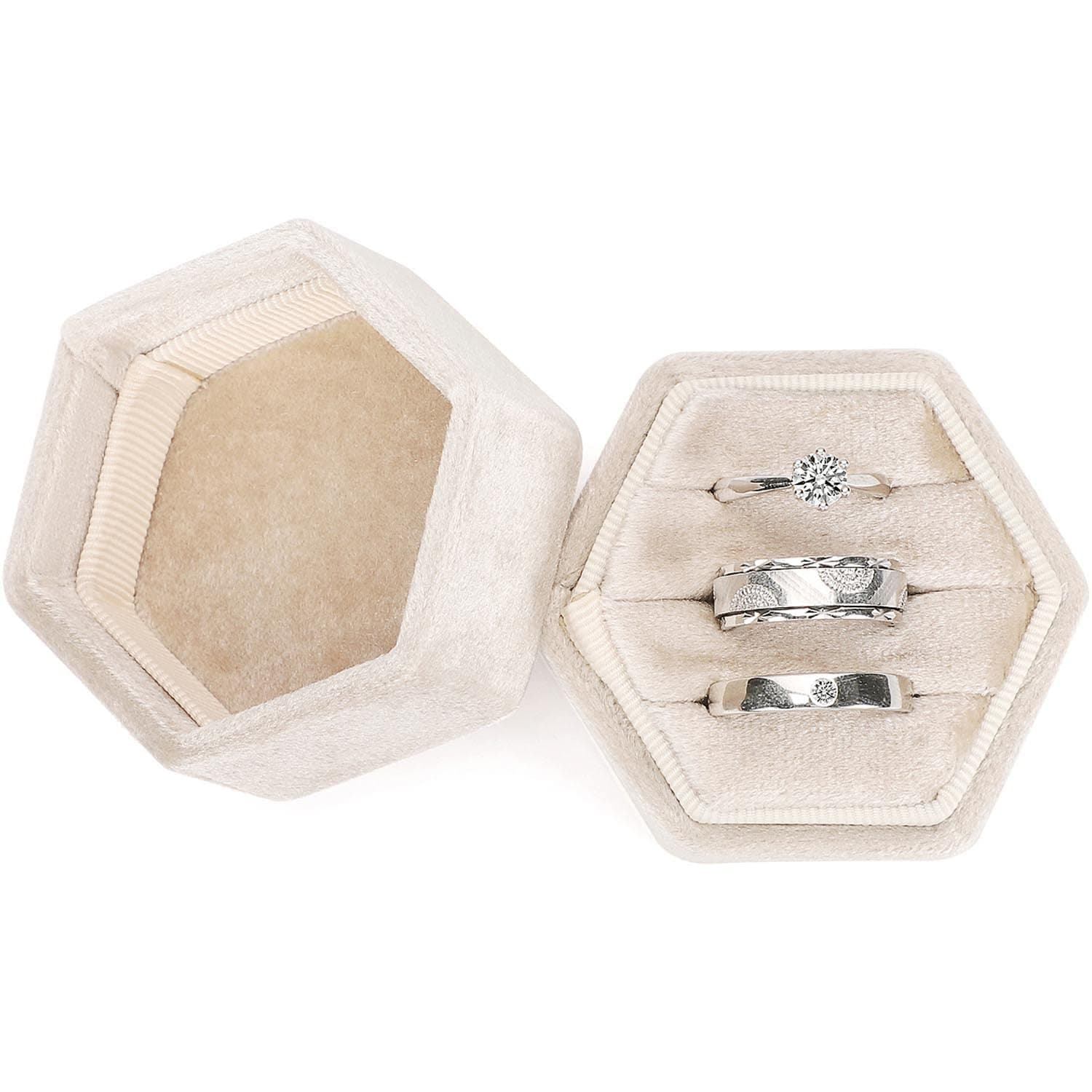 WantGor Velvet Jewelry Ring Box, 3 Slots Hexagon Ring Gift Box Vintage Ring Display Holder Case for Wedding Ceremony Proposal Engagement (Beige, 3 Slots) 3 Slots Beige