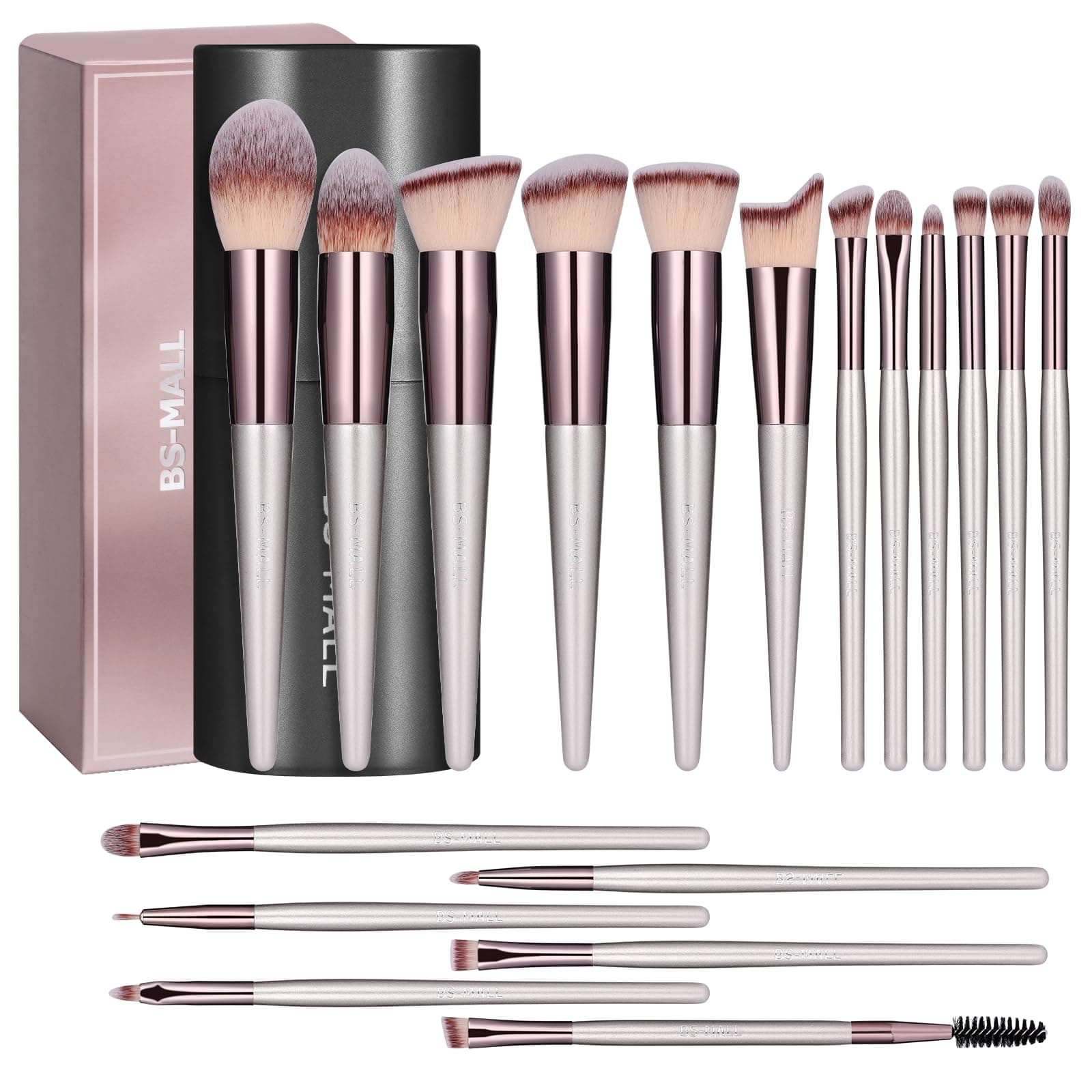 BS-MALL Makeup Brush Set 18 Pcs Premium Synthetic Foundation Powder Concealers Eye shadows Blush Makeup Brushes with black case A-Champagne