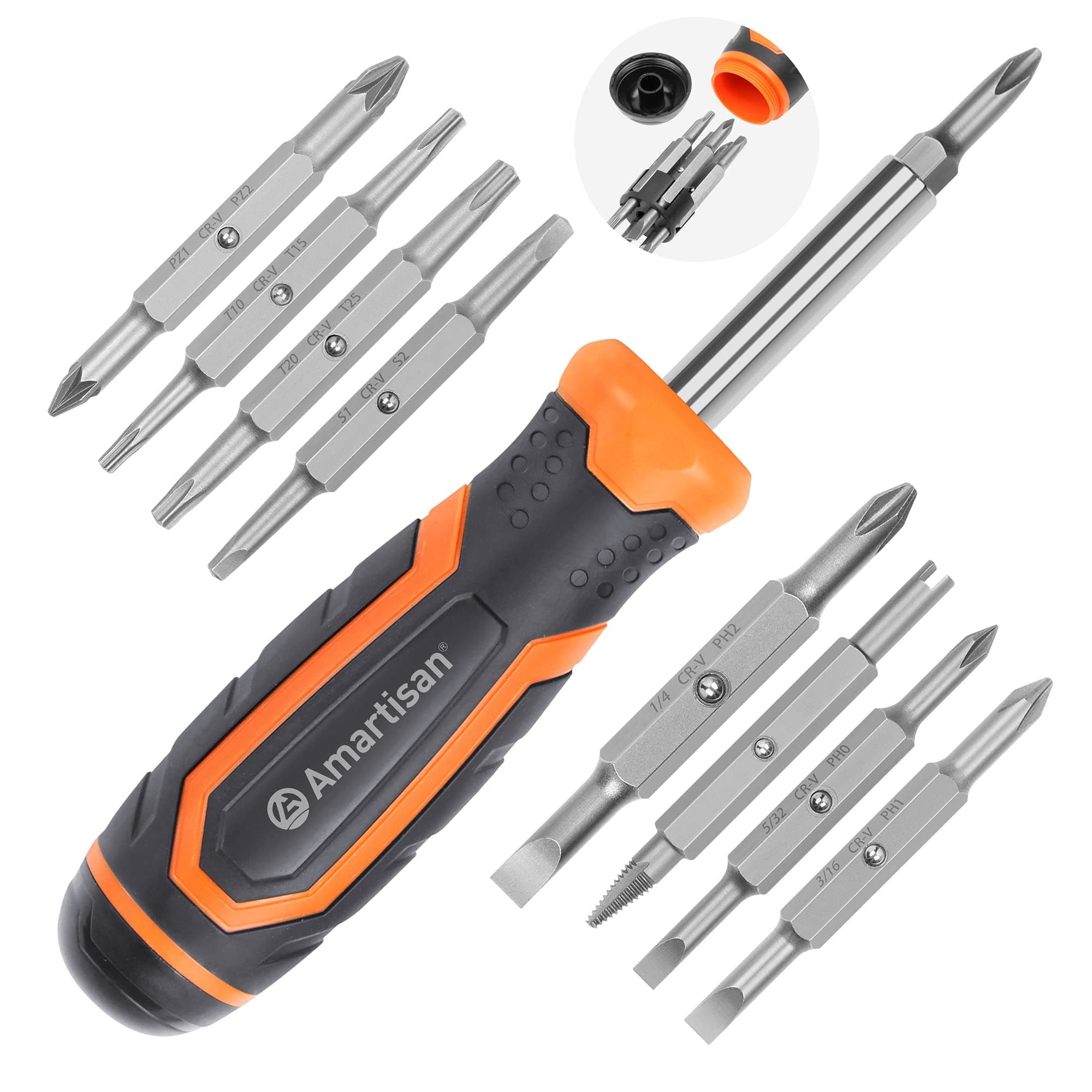 Amartisan 18-in-1 Multi-bit Screwdriver Set Tool All in One, Portable Multi-Purpose Screwdriver, Slotted/Philips/Pozi/Torx/Square,Nut Driver 18-in-1 Multi-bit Screwdriver Set Orange