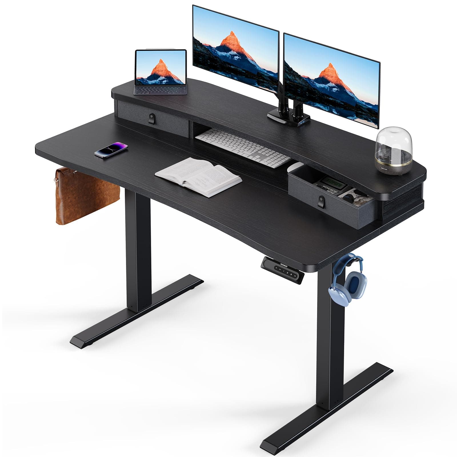 HUANUO 48″ x 24″ Electric Standing Desk with 2 Drawers, C-Clamp Mount Compatible, Height Adjustable Computer Desk, Home Office Stand Up Desk with 4 Preset Heights & 2 Hooks, Black Black 48" x 24"
