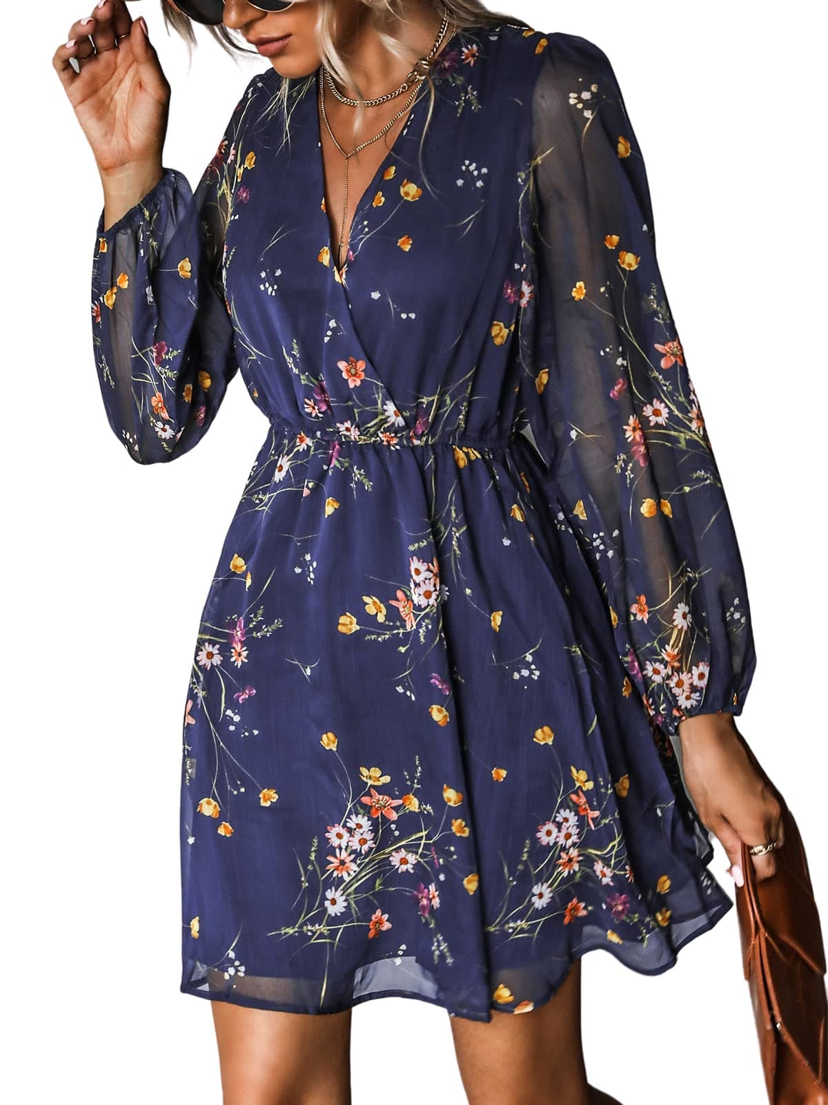 CUPSHE Women's Mini Dresses Casual Spring V Neck Chiffon Long Peasant Sleeves Flowy Summer Dress Navy XX-Large