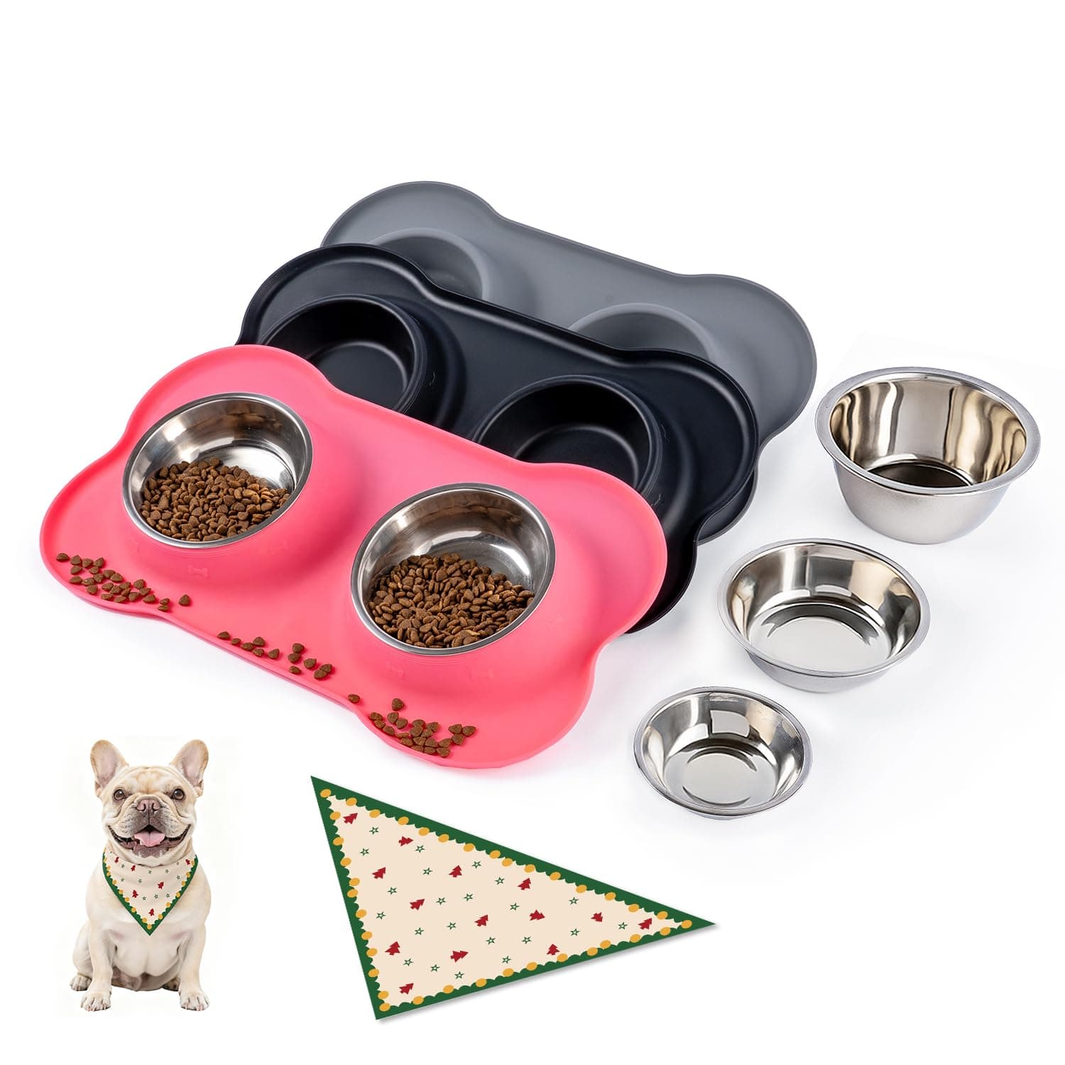 Dog Bowls with Silicone Feeding Mat,No Spill Food Water Dish Set,Dishwasher Safe,2 Stainless Steel Puppy Bowls with Dogs Bandanas,Suitable for Tiny Pets Under 8lbs,Extra Small,Pink Extra Small-5 oz Pink