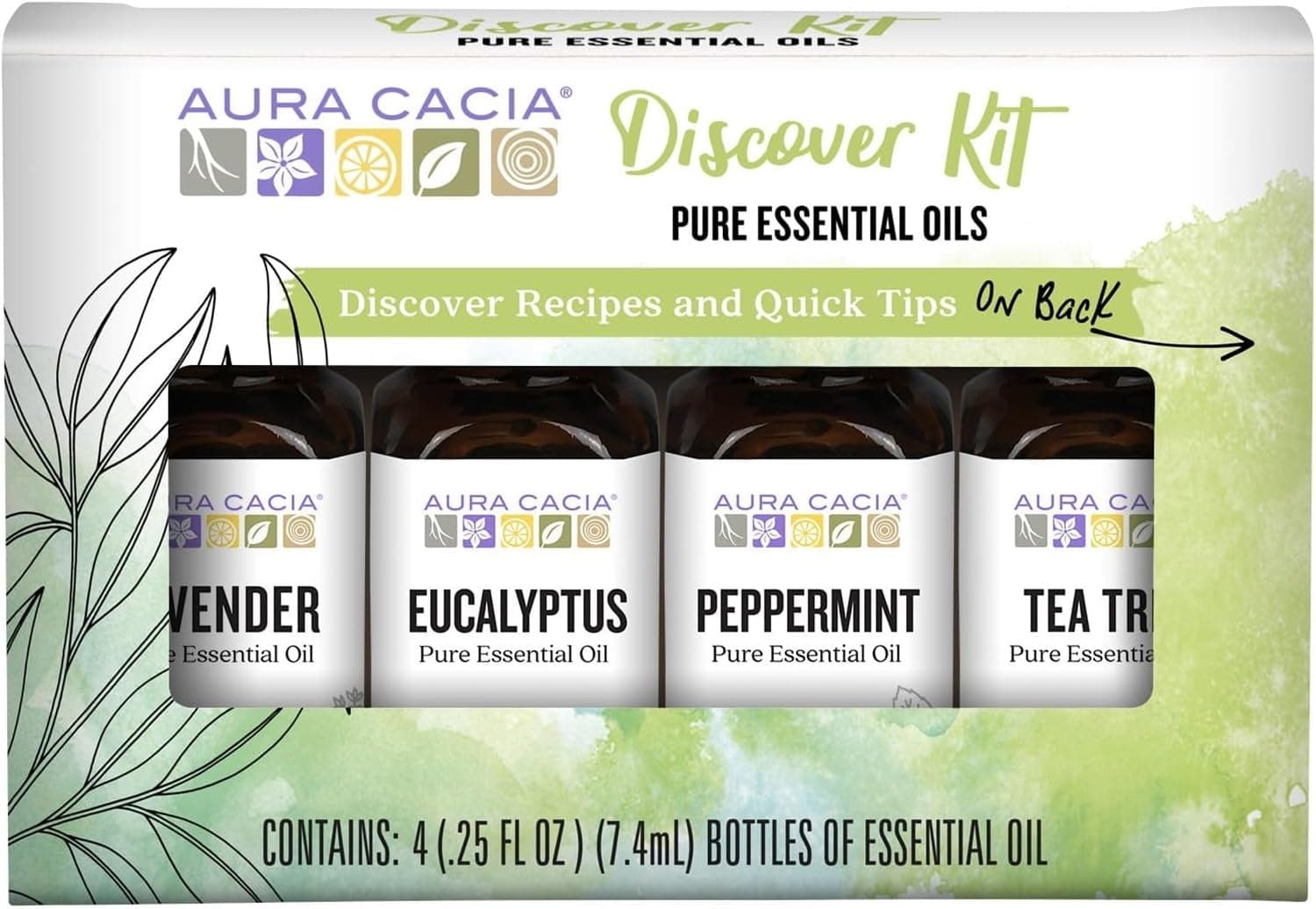 Aura Cacia Discover Essential Oils Kit, 4-Pack, Aceites de Lavanda, Eucalipto, Menta y Árbol de Té, Excelente Set de Inicio de Aceites Esenciales: Eucalipto/Lavanda/Menta/Árbol de Té