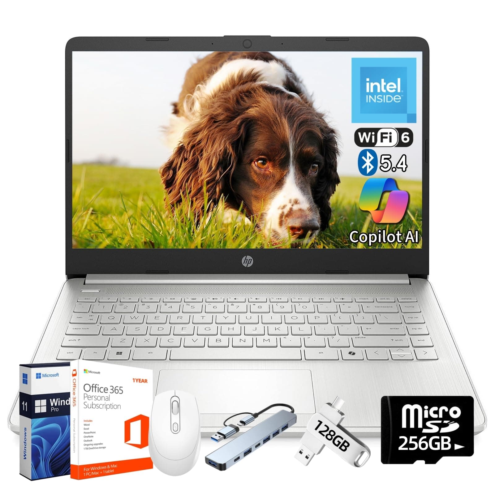 HP 2025 14" Laptop Computer, Intel N150, 16 GB RAM, 512 GB Storage(128GB eMMC + 128GB UFD + 256GB MSD), Copilot AI, Wi-Fi 6, BT 5.4, HD Cam, 1 Year Office 365, Windows 11 Pro, Accessories, Silver Natural Silver