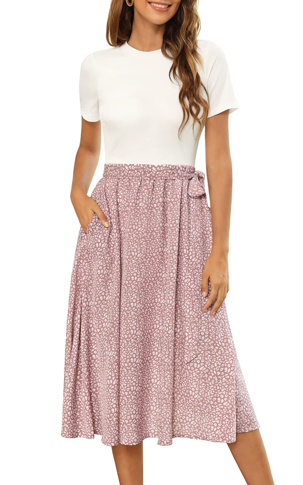 Zattcas Women 2025 Summer Dress Short Sleeve Ribbed Teacher Church Modest Business Casual Work Outfits Midi Dress Medium White/Light Mauve