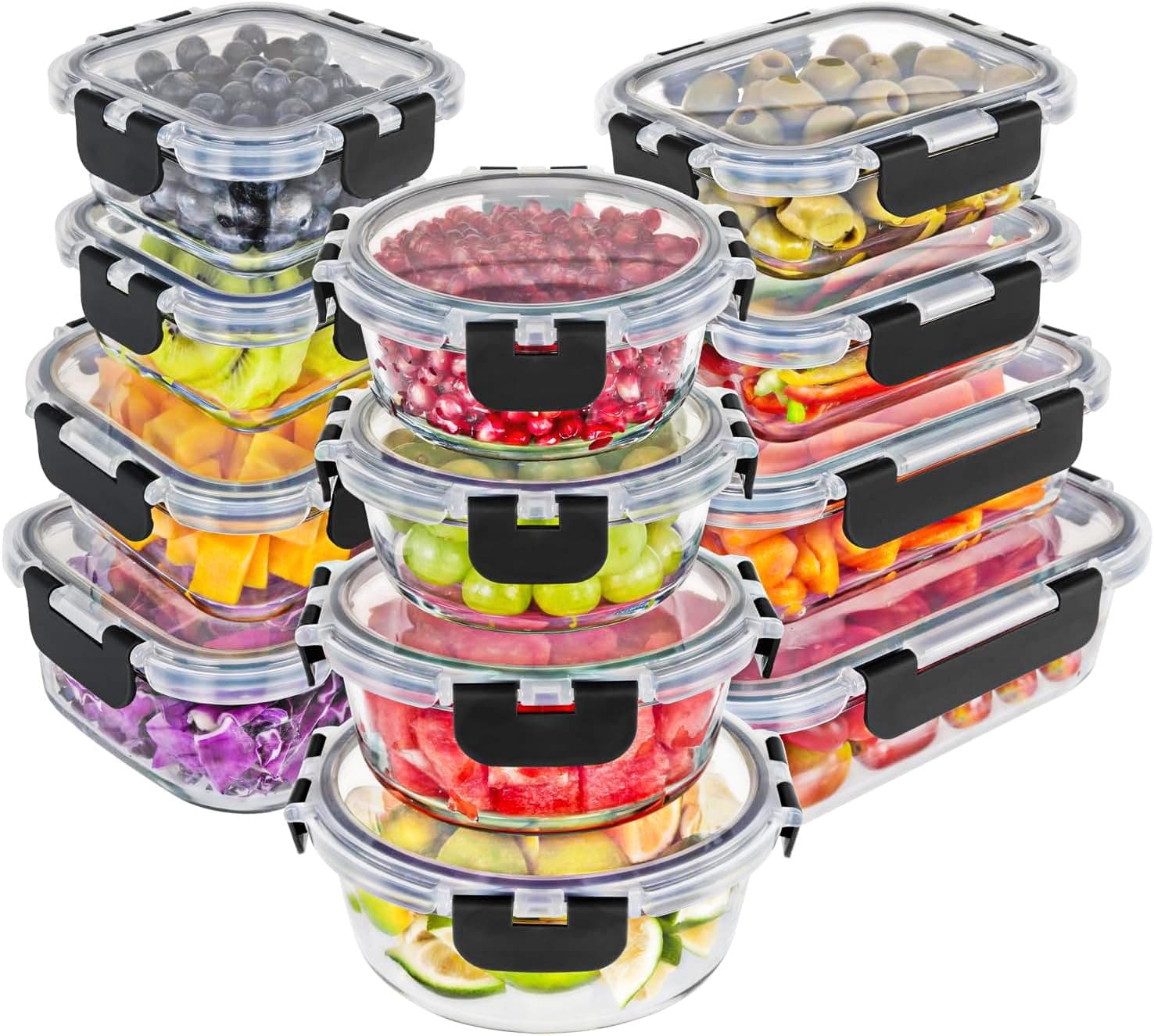 Magic Mill Borosilicate Glass Food Storage Containers with lids Set | Ultimate 24pc Sets with 12 Bowls & 12 Airtight Locking Lids for Lunch & Meal Prep, Safe for Oven, Freezer, Dishwasher, BPA-Free Black