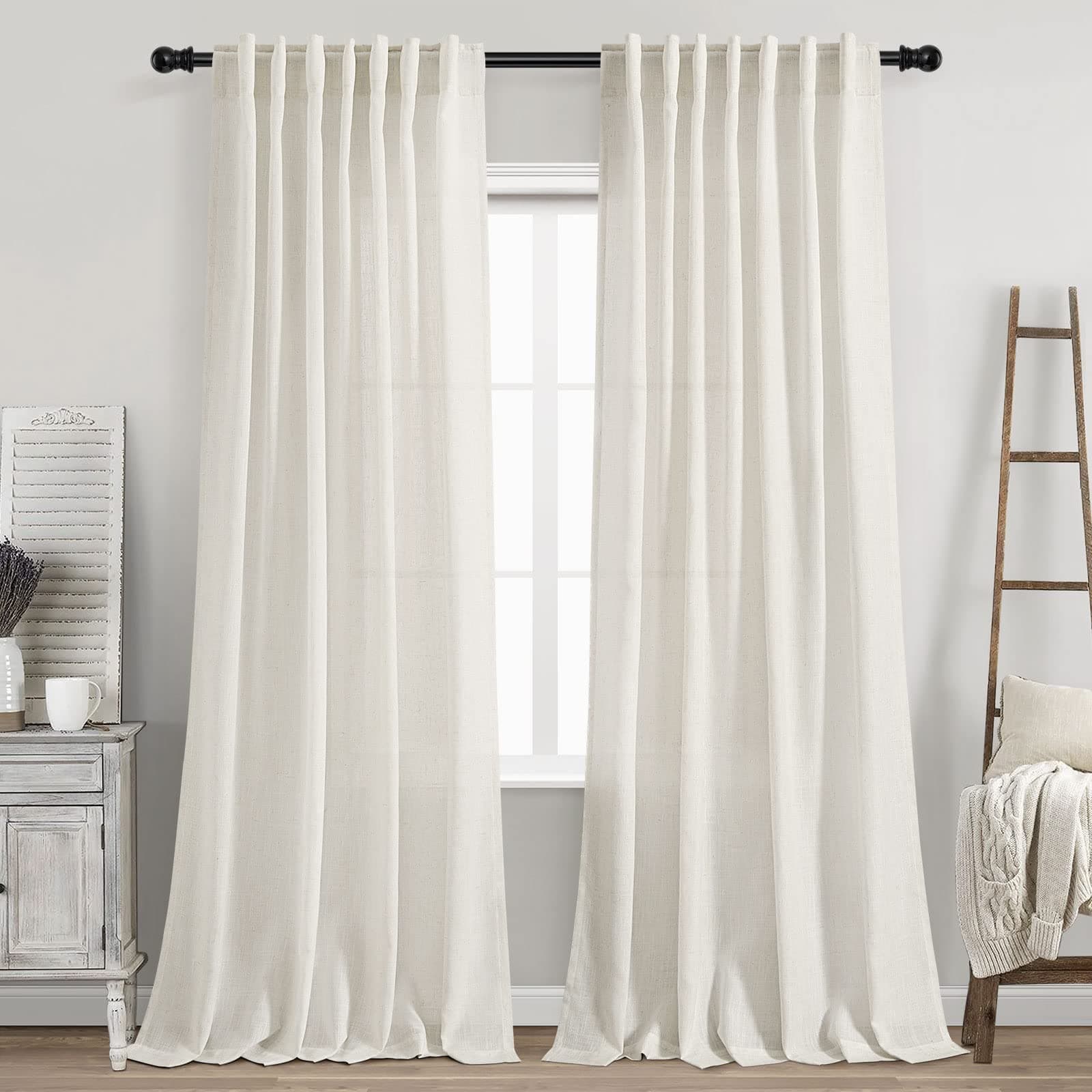 Cream Linen Back Tab Curtains 84 Inch Length for Living Room 2 Panel Set Neutral Modern Farmhouse Window Privacy Semi Sheer Linen Drapes Rustic Pinch Pleated Look Curtain Natural Ivory Colored 52"W x 84"L (Pack of 2) Natural