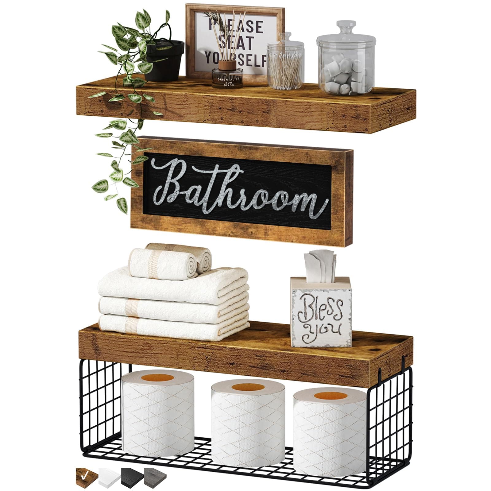QEEIG Bathroom Shelves Over Toilet - Paper Storage Wall Mounted Farmhouse Decor Decorations Aesthetic Décor Sign Small Floating Shelf 2+1 Set 16 inch, Rustic Brown (020BN) A. Brown