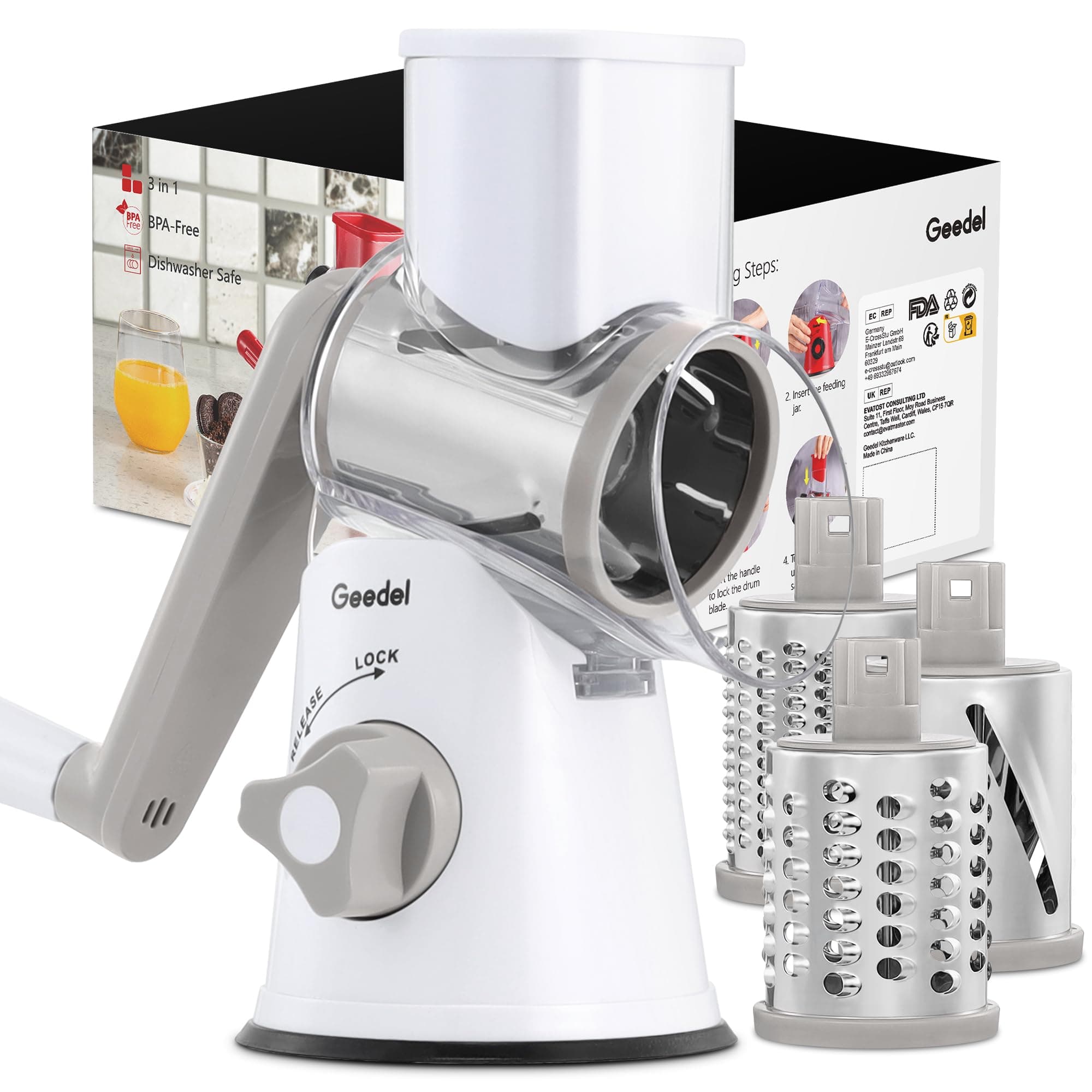 Geedel Rotary Cheese Grater, Kitchen Mandoline Vegetable Slicer with 3 Interchangeable Blades, Easy to Clean Rotary Grater Slicer for Fruit, Vegetables, Nuts 3 Blades White