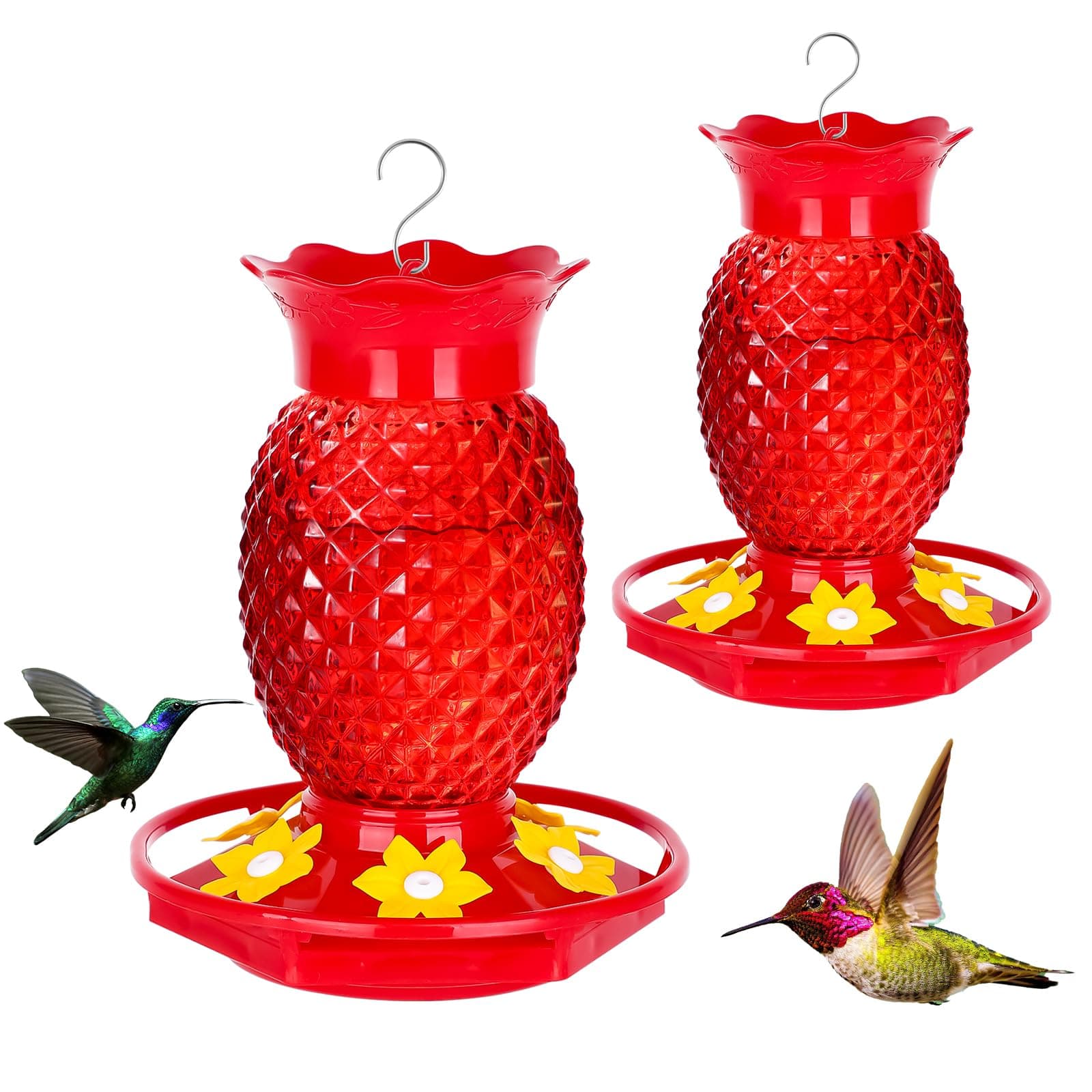 Glass Hummingbird Feeders for Outdoors Hanging Ant and Bee Proof 16OZ 2 Pack Red Pineapple Humming Bird Feeder with 6 Feeding Ports and Ant Moat Hummingbird Gifts for Women Garden Decor 2 16 OZ
