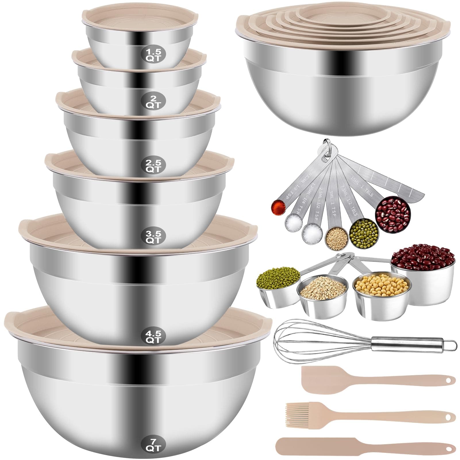 Mixing Bowls Set, 27PCS Khaki Mixing Bowls With Lids Set Stainless Steel Kitchen Large Nesting Metal Bowl 7QT to 1.5QT, Measuring Cups and Spoons for Prepping Cooking Serving Khaki Bowls Set