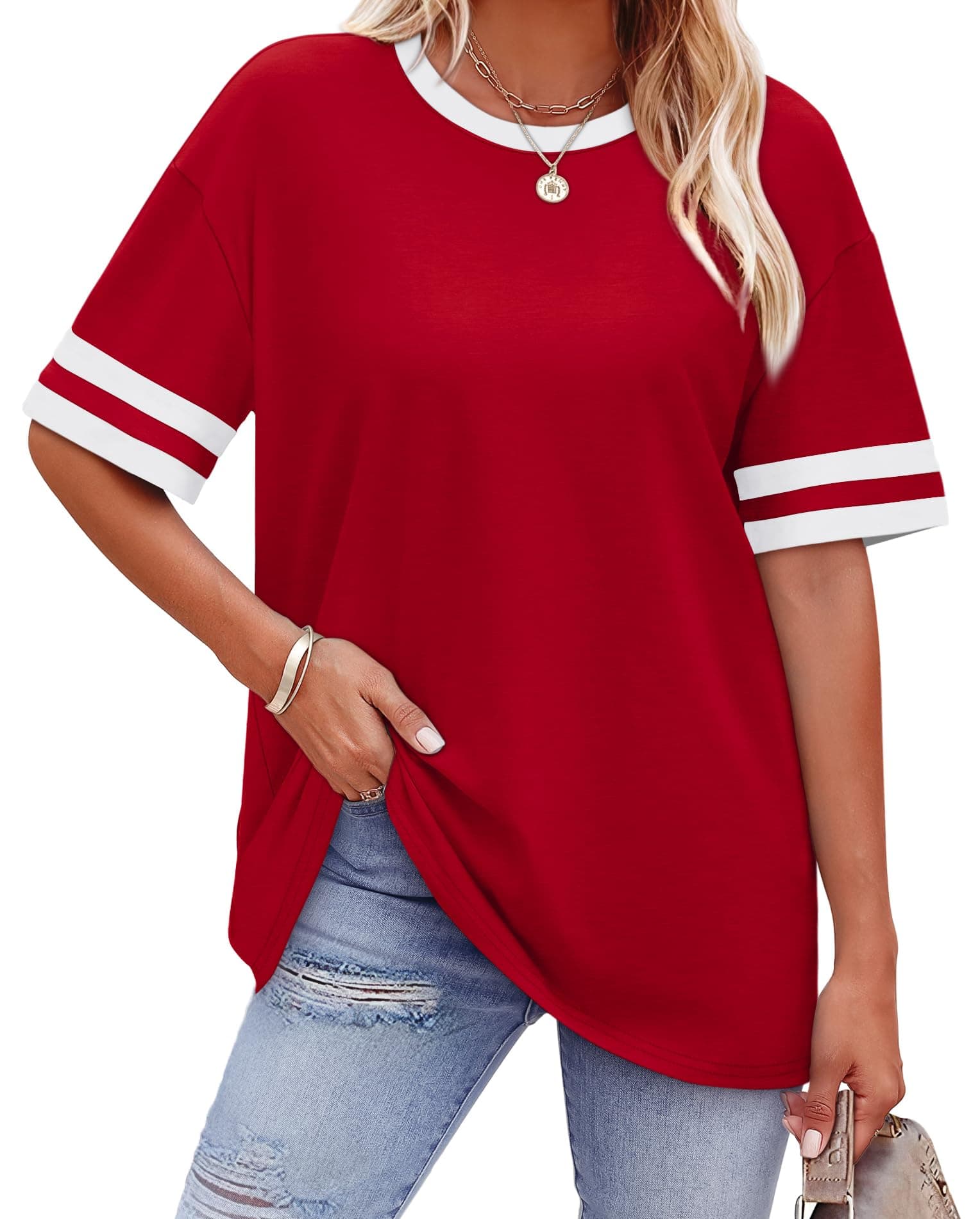WIHOLL Womens T Shirts Loose Fit Short Sleeve Tees Crew Neck Color Block Summer Tops 2025 Fashion 03 - Red-2 XX-Large