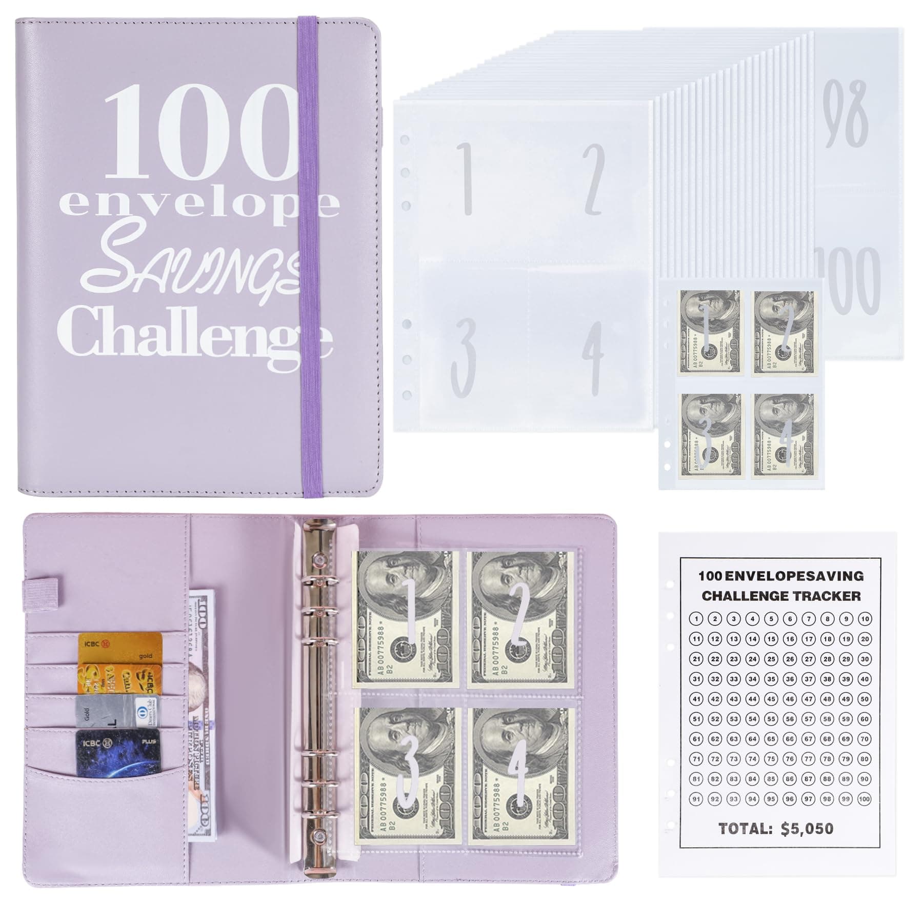 100 Envelopes Money Saving Binder A5 Savings Challenge Book Easy and Fun Way to Save $5,050 Purple