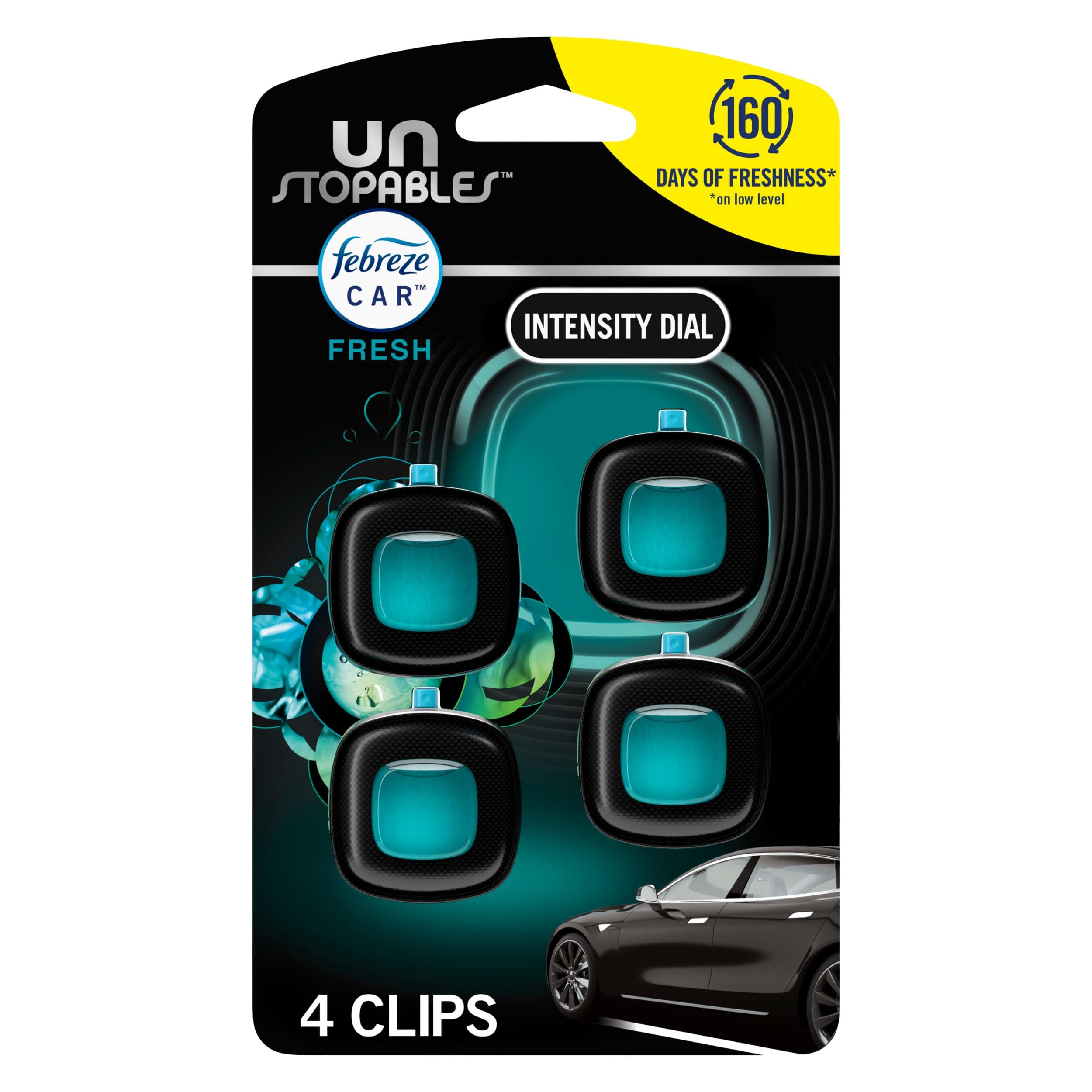 Febreze Car Air Freshener, Odor-Fighting Automotive Vent Clip, Scented Car Accessories, Long Lasting for Strong Odors, Unique Stocking Stuffer, Unstopables Fresh Scent, .07 fl oz, 4 Count UNS Fresh 0.28 Fl Oz (Pack of 1)